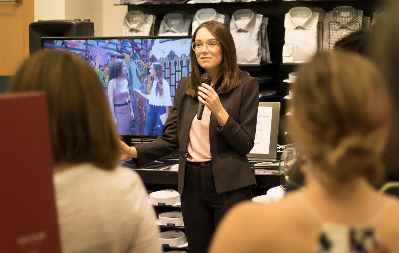 Reid speaks to the crowd at the recent Subtl Beauty Kickstarter Launch Party (Photo Credit: Max Mirho)
