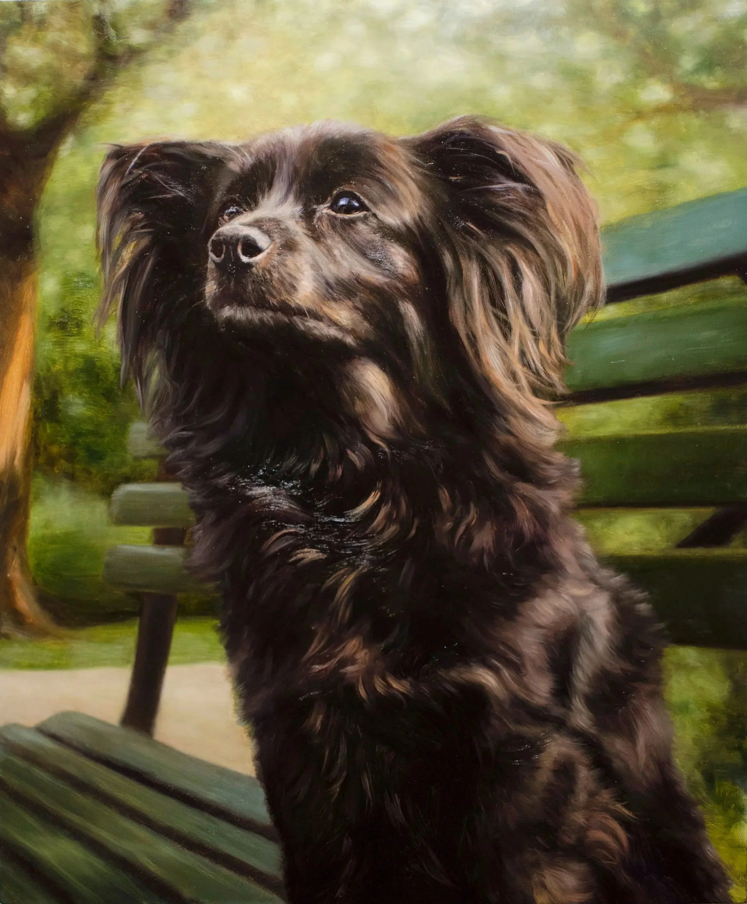 A commissioned portrait in oil paint of a small, black dog sitting on a bench in Central Park.
