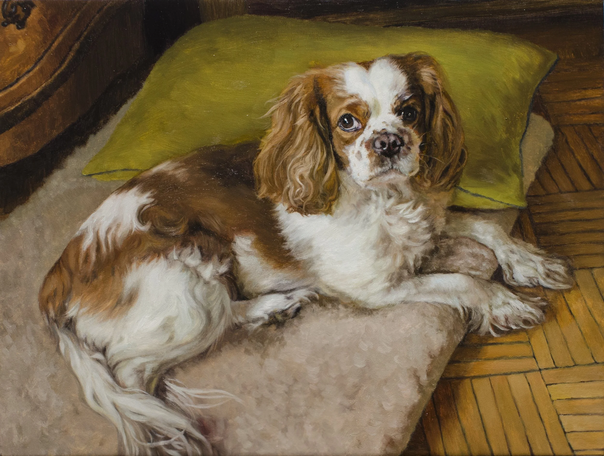 A commissioned oil painting of a brown-and-white Cavalier King Charles Spaniel looking very regal and ennobled, as if he were in a Diego Velazquez painting. 