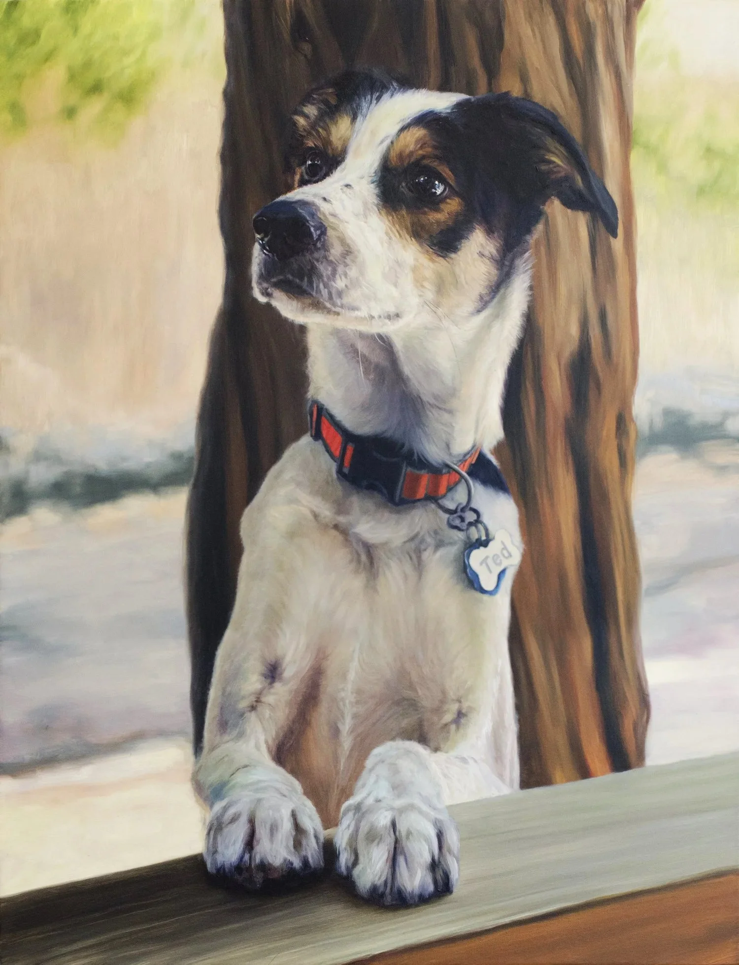 A custom oil portrait of a black and white dog in a park, looking off to the left, painted with detail and old-masters technique.