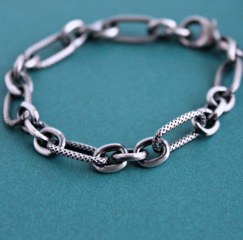 Personalised Oxidised Sterling Silver Twisted Box Chain Offset ID Bar Bracelet