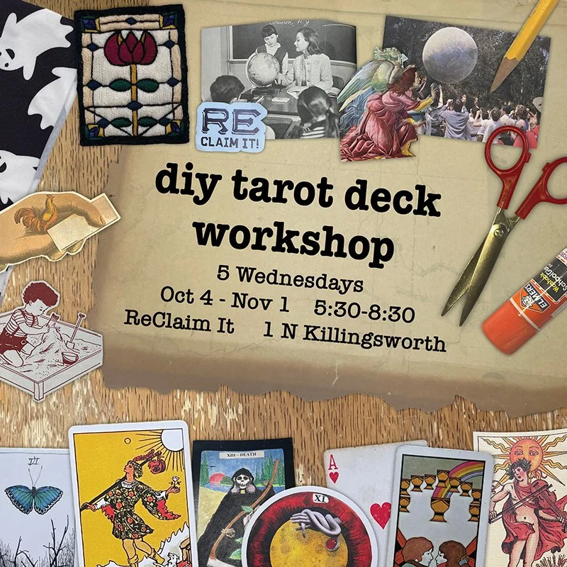 DIY Tarot Deck Workshop, assorted cutout paper images on brown wood and paper background