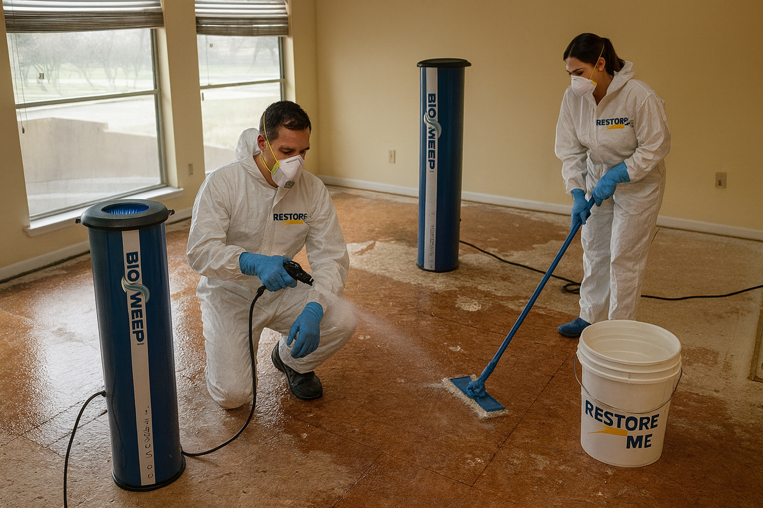 Two workers in white coveralls and masks cleaning a carpet with water extraction equipment in a room with large windows.