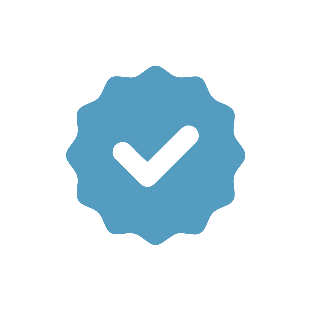 Blue badge with a white checkmark in the center indicating verification or approval.