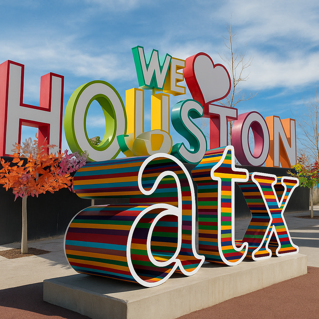 Colorful outdoor sign spelling 'We Houston #Love Houston' with rainbow stripes and a heart symbol, decorated with pink and orange autumn leaves, under a blue sky.