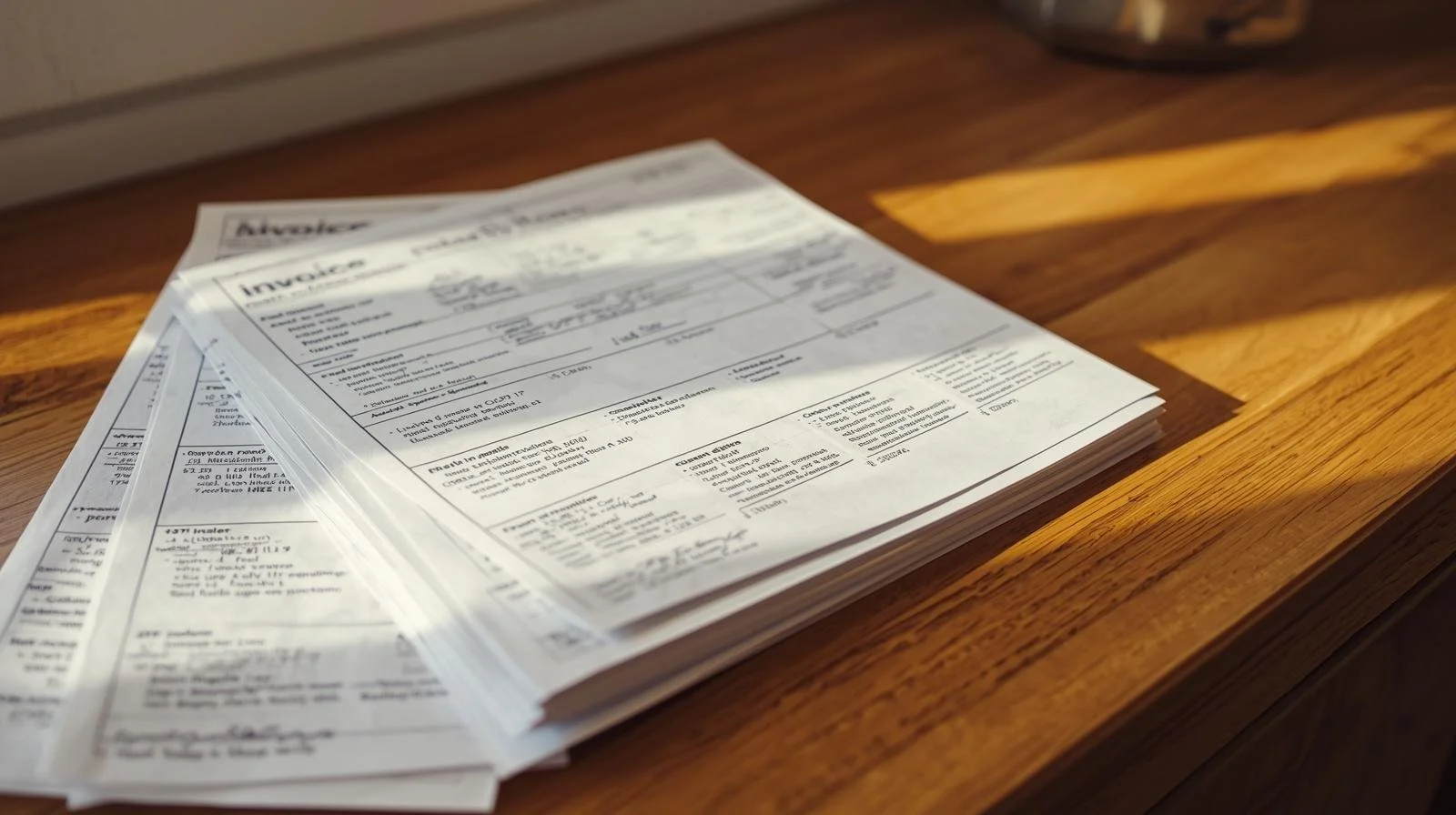 Stack of paper invoices on a wooden surface with sunlight casting shadows.