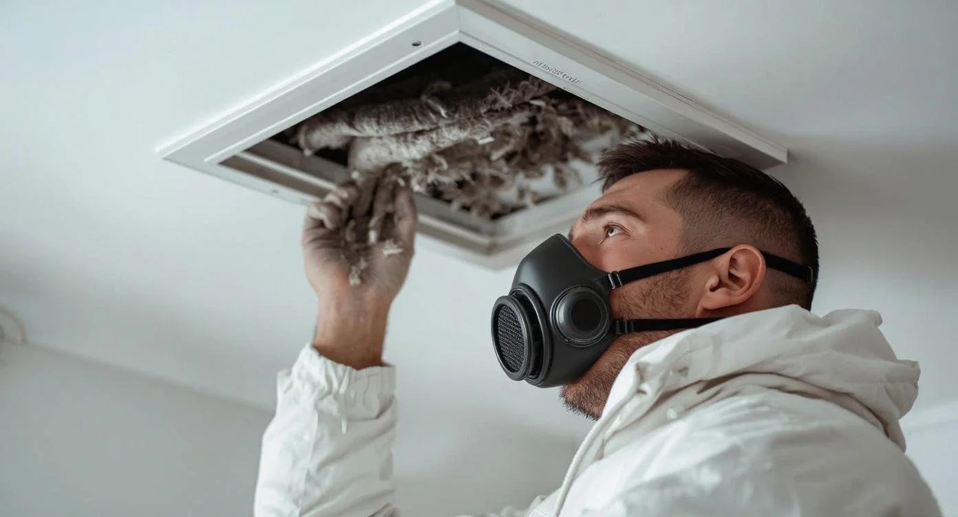 A pest control technician wearing a black respirator mask and white protective suit, handling a pest infestation in an attic vent.