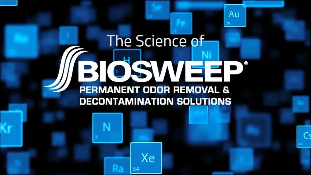 Logo and text promoting BIOSWEEP's permanent odor removal and decontamination solutions with a background of blue glowing chemical element symbols.