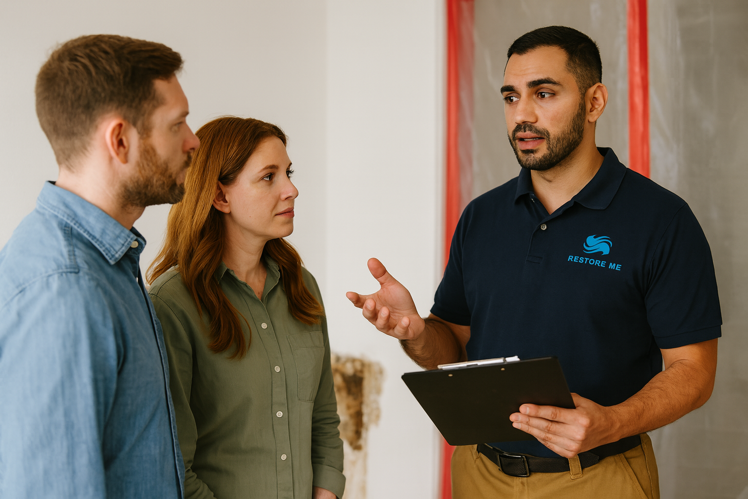 A man in a navy polo shirt with the Restore Me logo is speaking to a man and a woman, listening attentively. All are indoors in a casual setting.