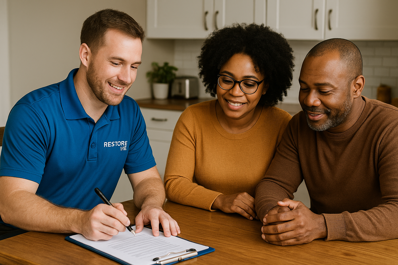 A man in a blue shirt with 'Restore' written on it signs a document while two people watch and smile in a kitchen.