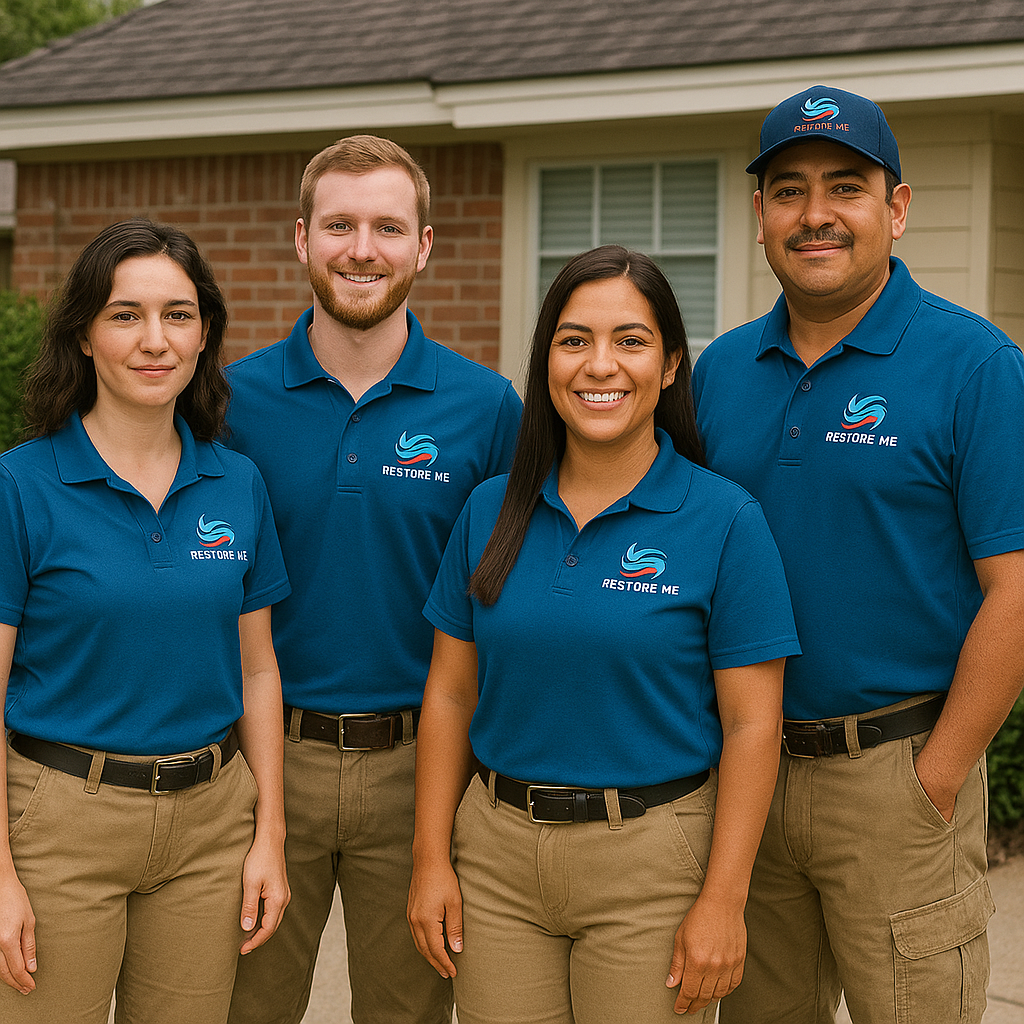 Group of four home repair workers standing outside a house, smiling, wearing matching blue polo shirts with a logo and the words "Restore Me," and khaki pants.