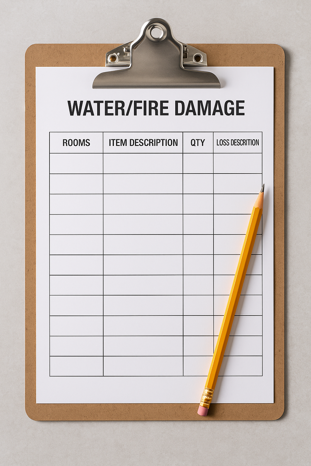 Water/fire damage report form on a clipboard with a yellow pencil.
