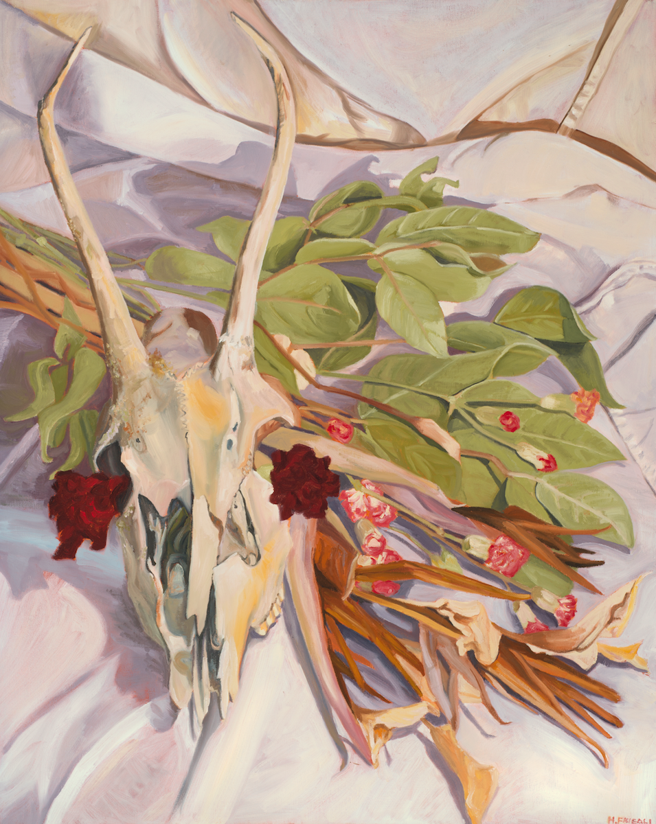 "Deer Skull With Dried Bridal Bouquet"