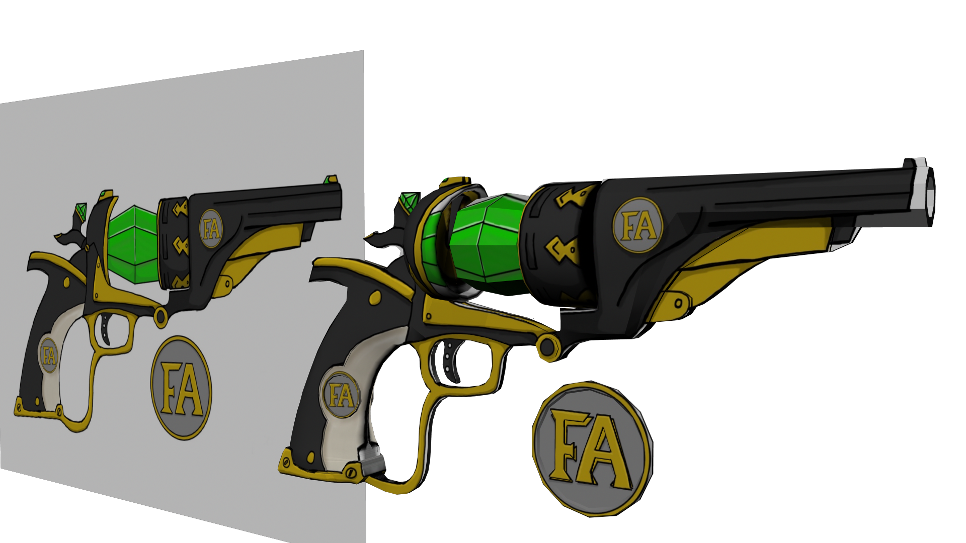 In-progress pistol model using the concept art as a texture (Poorly Mapped...)