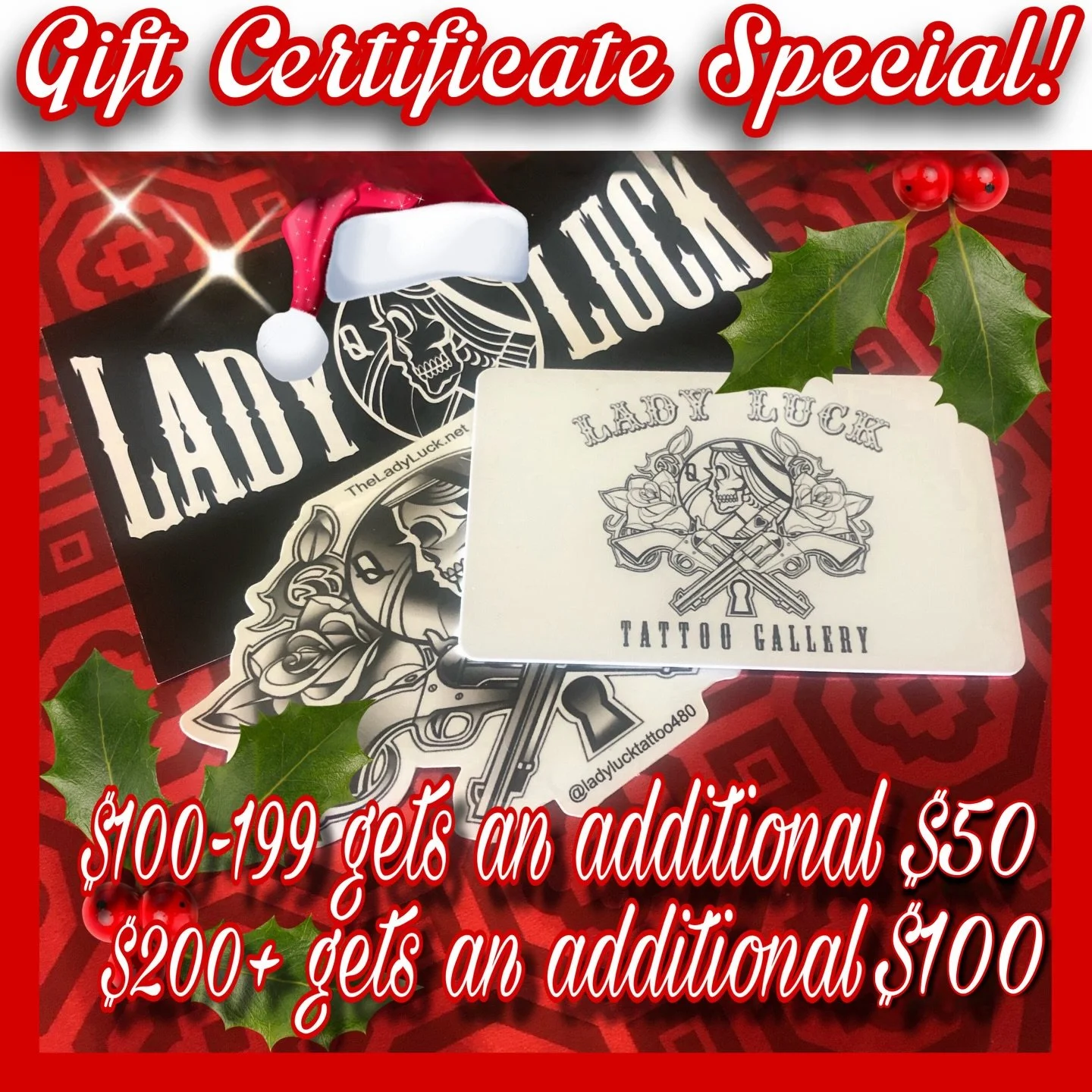 We will be starting our Gift Certificate holiday sale THIS FRIDAY November 28th, and will continue to run this deal until December 24th!
Any gift certificate purchased between these dates at a value of $100-$199 will receive an additional $50, and $2