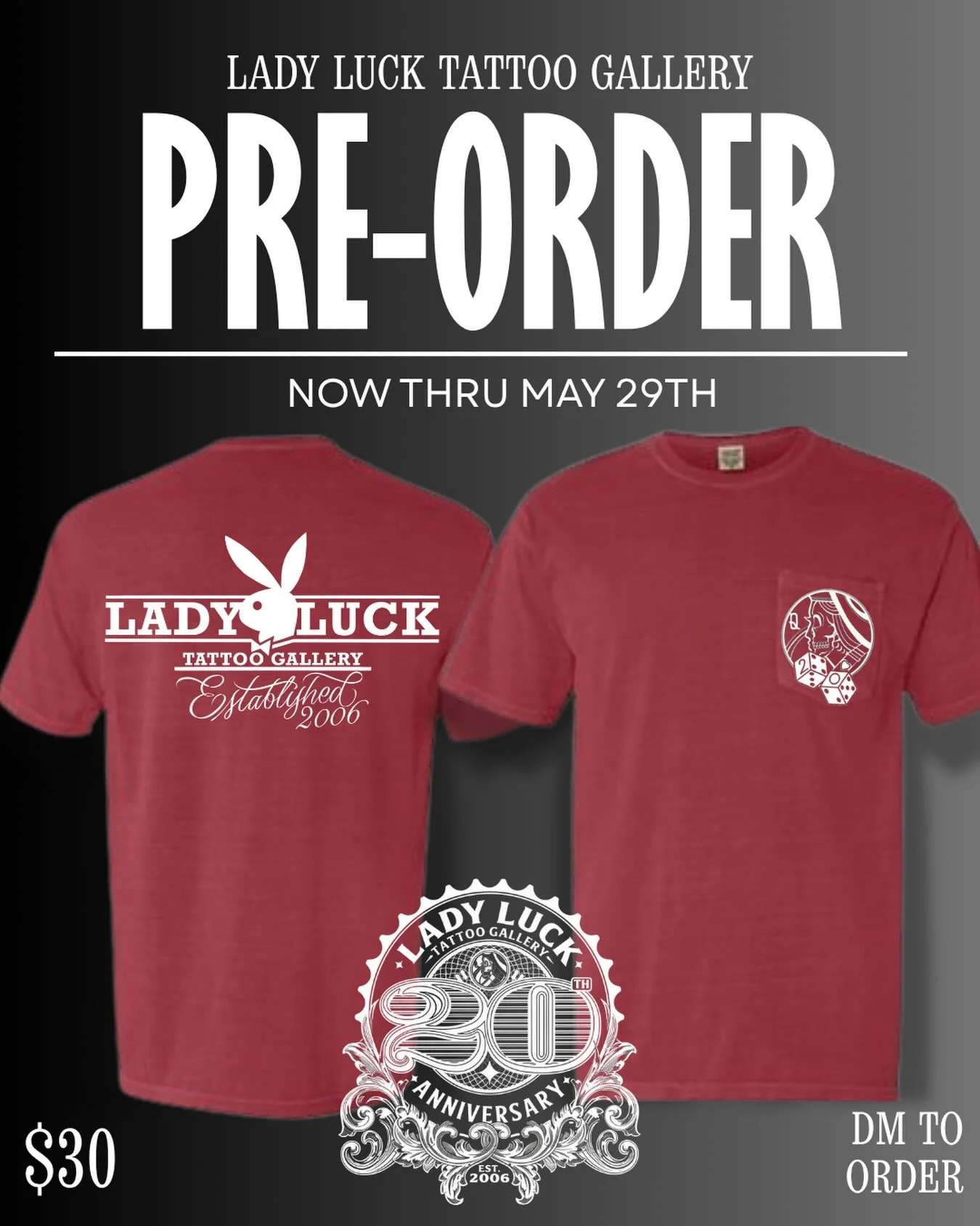 First T-Shirt Drop for our 20th Anniversary 🎲 🎲 
We will be taking pre-orders thru next Friday May 29th
This will be a limited edition print so be sure to place a pre-order to guarantee your size! 

Size S-3XL available. $30 each. Front pocket prin