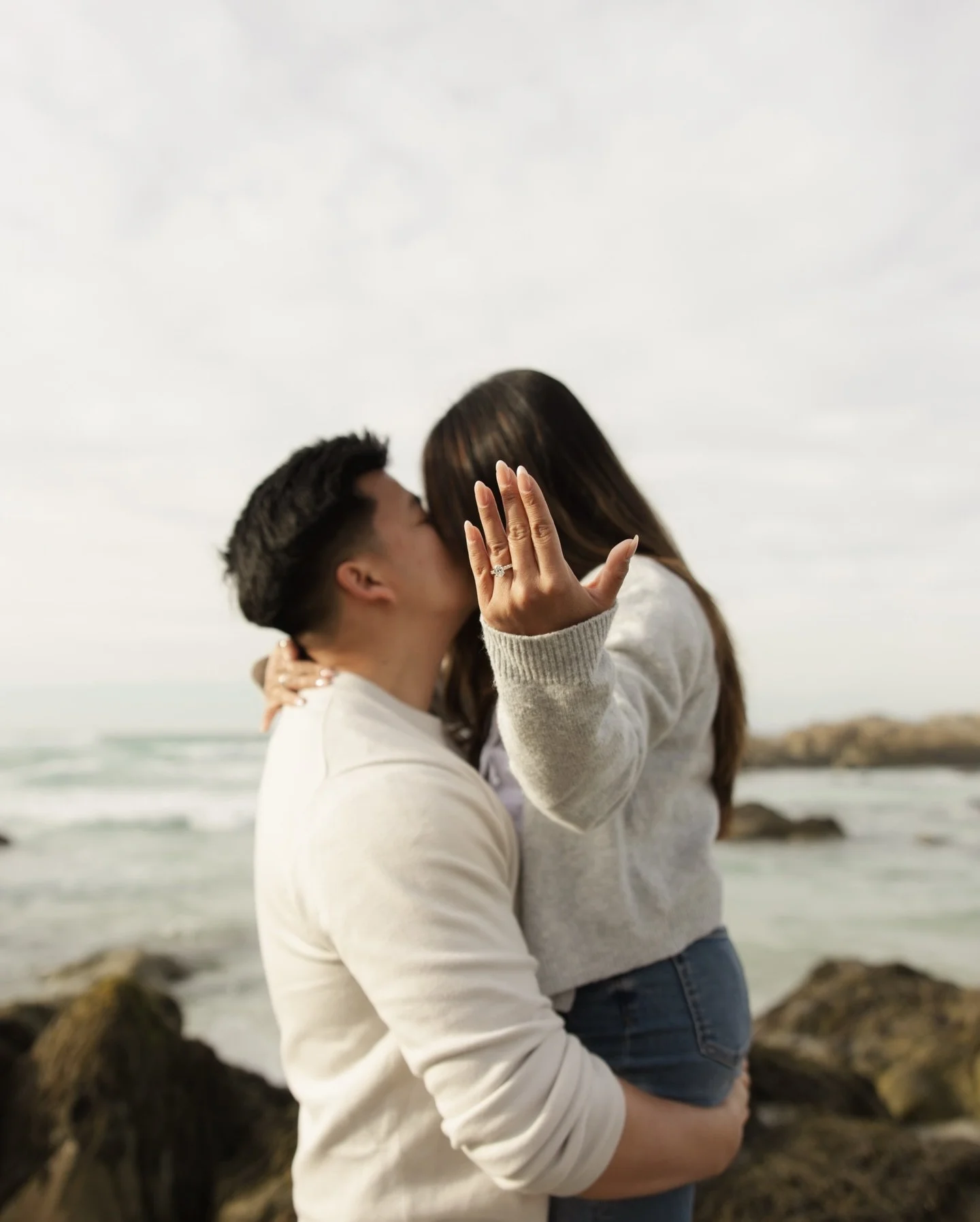 Just them, Monterey Bay at sunset, &amp; their little Pomeranian Thor by their side when she said yes 🐾🌊

Congrats Alyssa &amp; Peter 💍🤍

#shesaidyes💍  #montereyphotographer #montereyweddingphotographer #carmelphotographer #bayareaphotographer 
