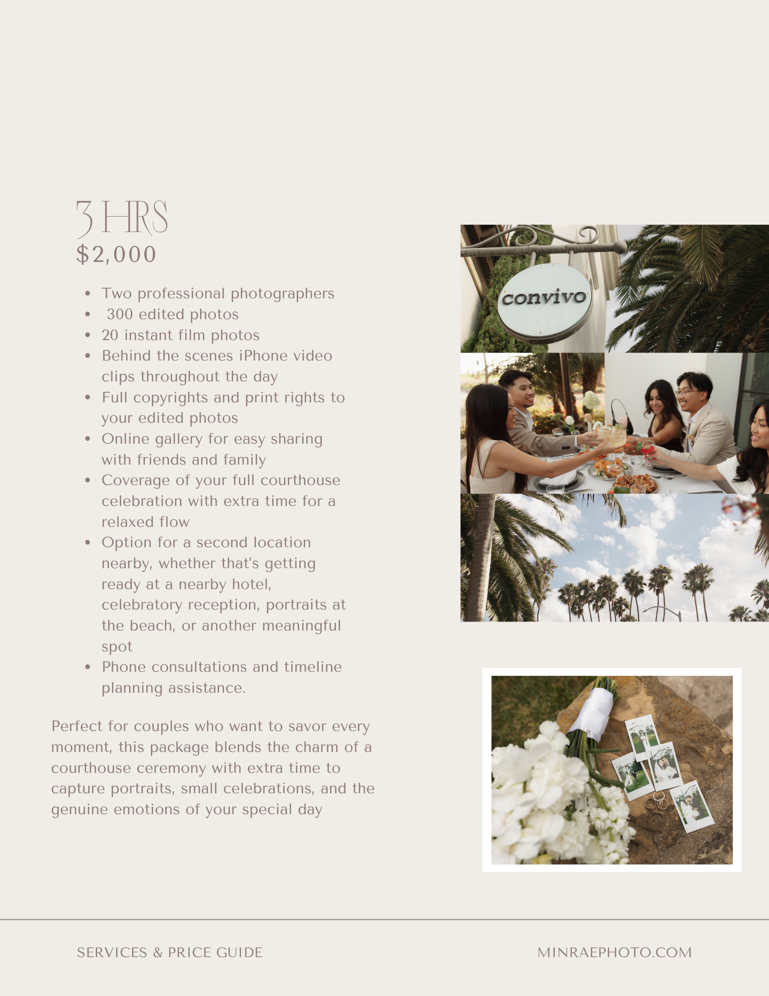 Wedding photography service pricing and details, featuring images of a scenic outdoor location, friends celebrating at a table, and photo prints with wedding rings and flowers.