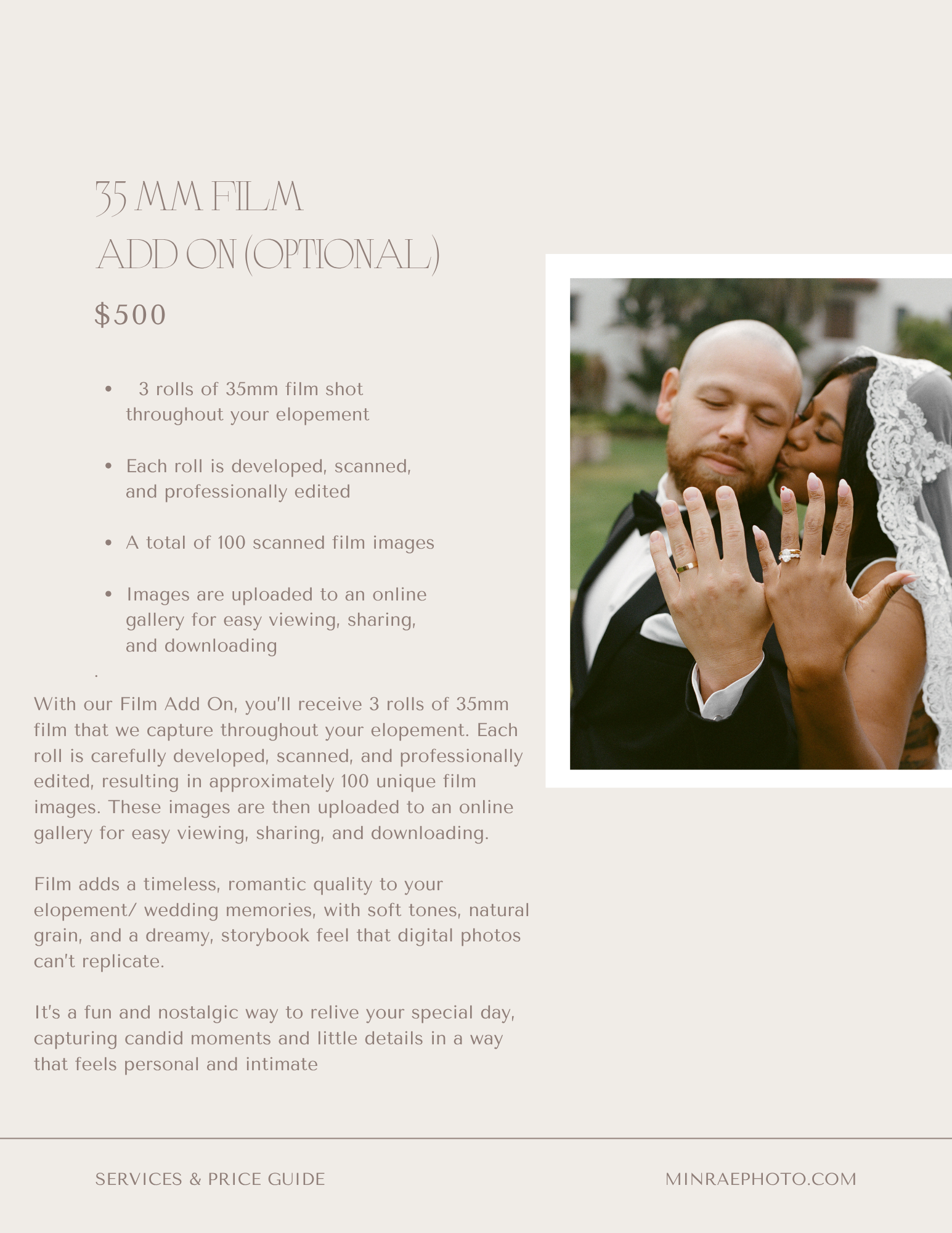 Wedding advertisement for 35mm film add-on, featuring a photo of a newlywed couple embracing outdoors, with text describing the service details and price.