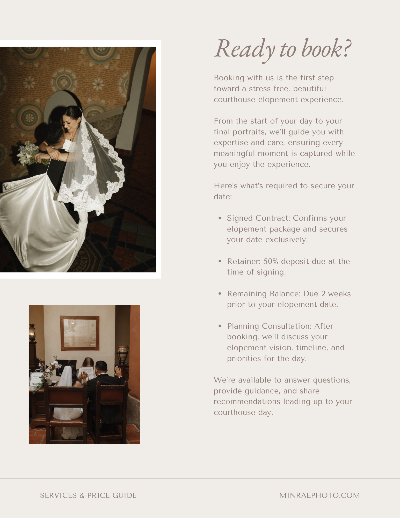 Santa Barbara Courthouse Booking Details descirbed with two images of different courthouse elopements. 