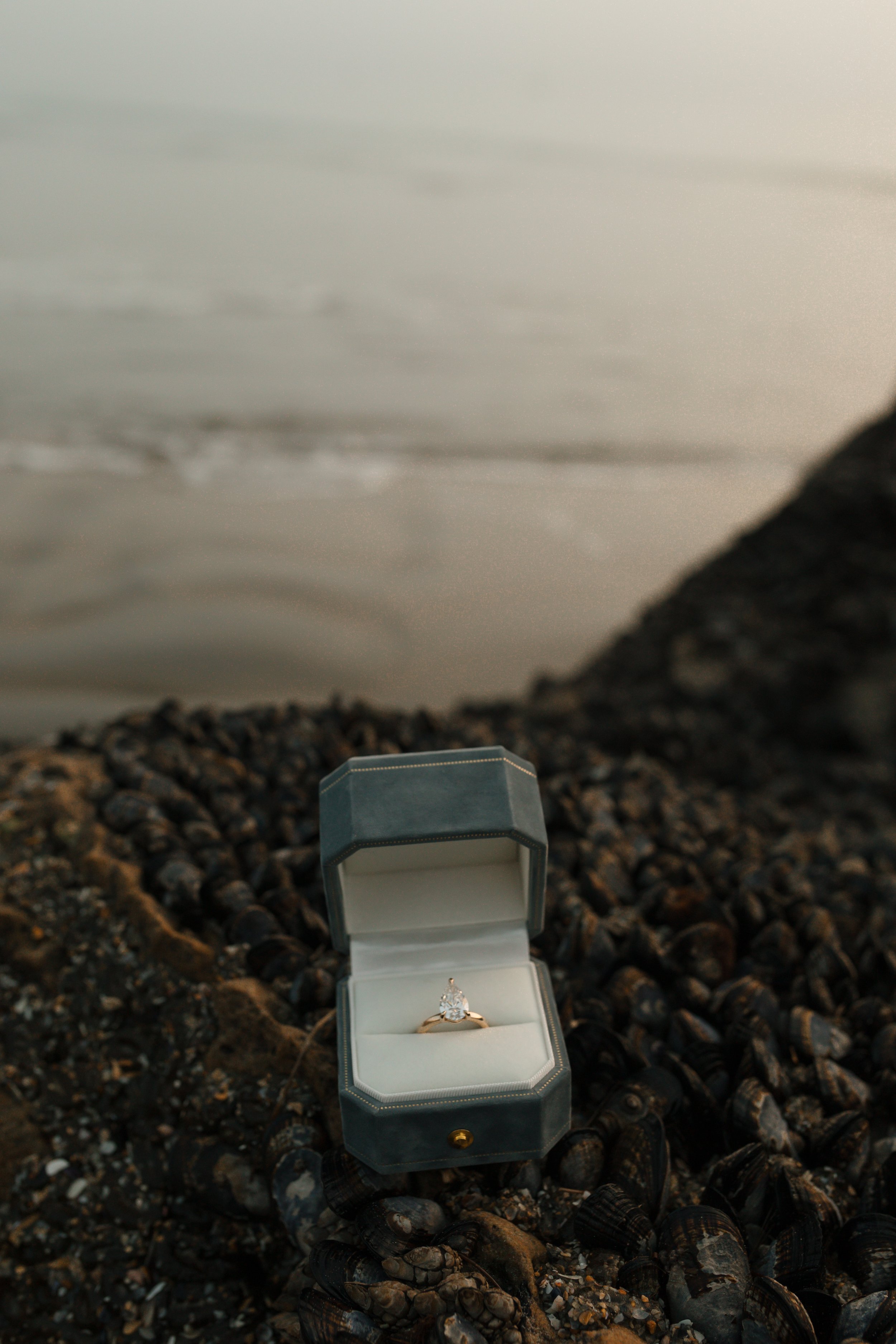 detail photo above shot on barnicales of ring and ring box with ocean in background from their proposal in newport beach