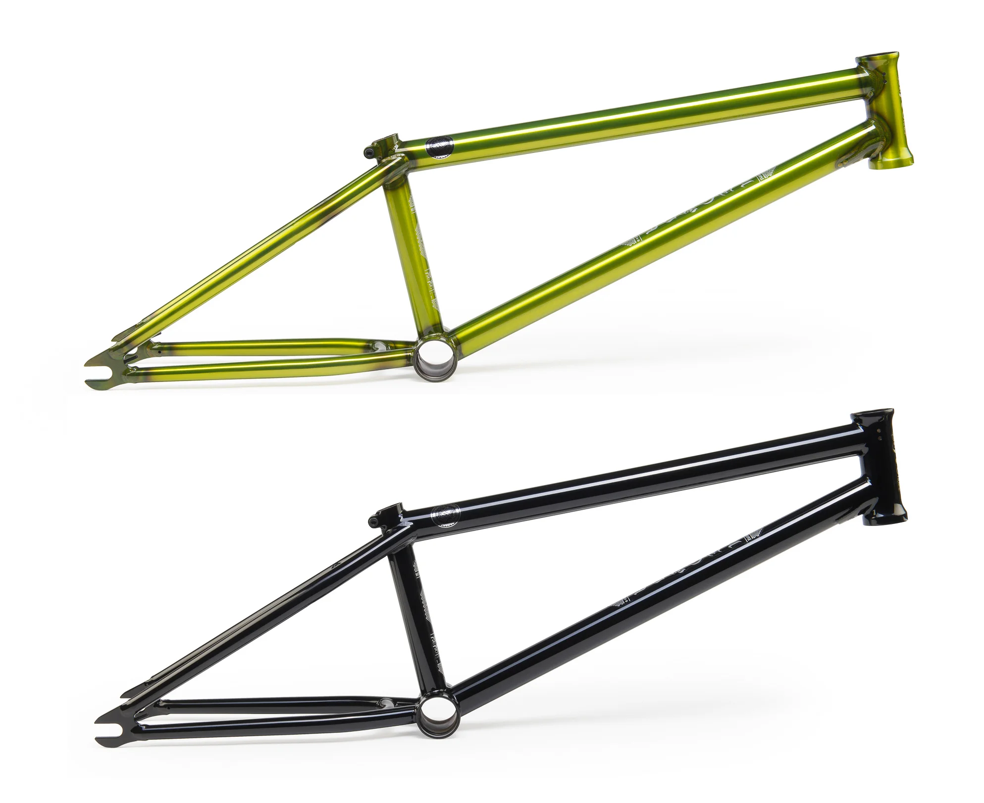 The 20.3" Utopia (Trans Lime) next to the 20" Utopia (Gloss Black) showing the difference in geometry.