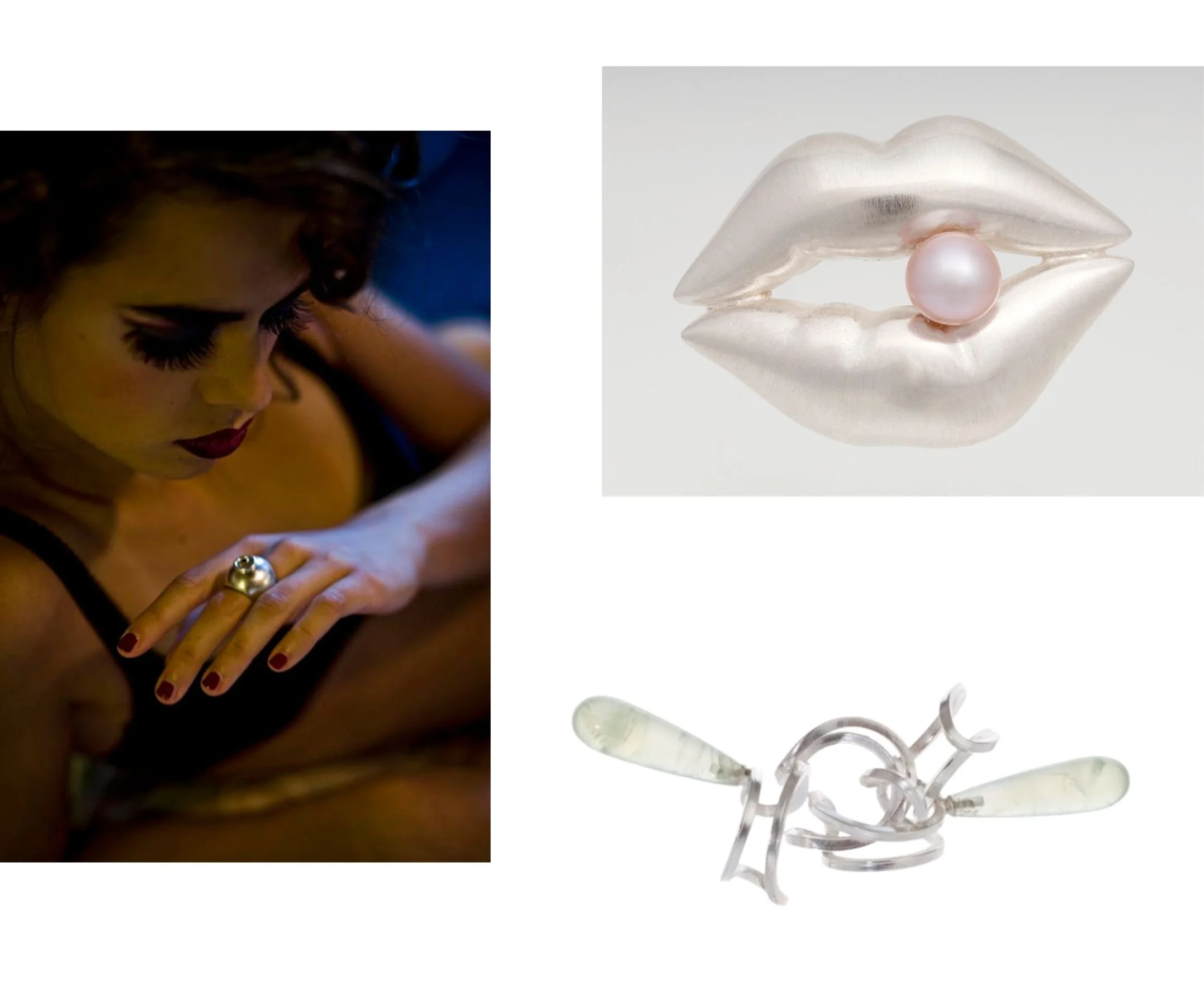 Ring in zilver met geel goud en zwarte diamant, broches met parel en prehniet, Elke Peeters juweelontwerpster.