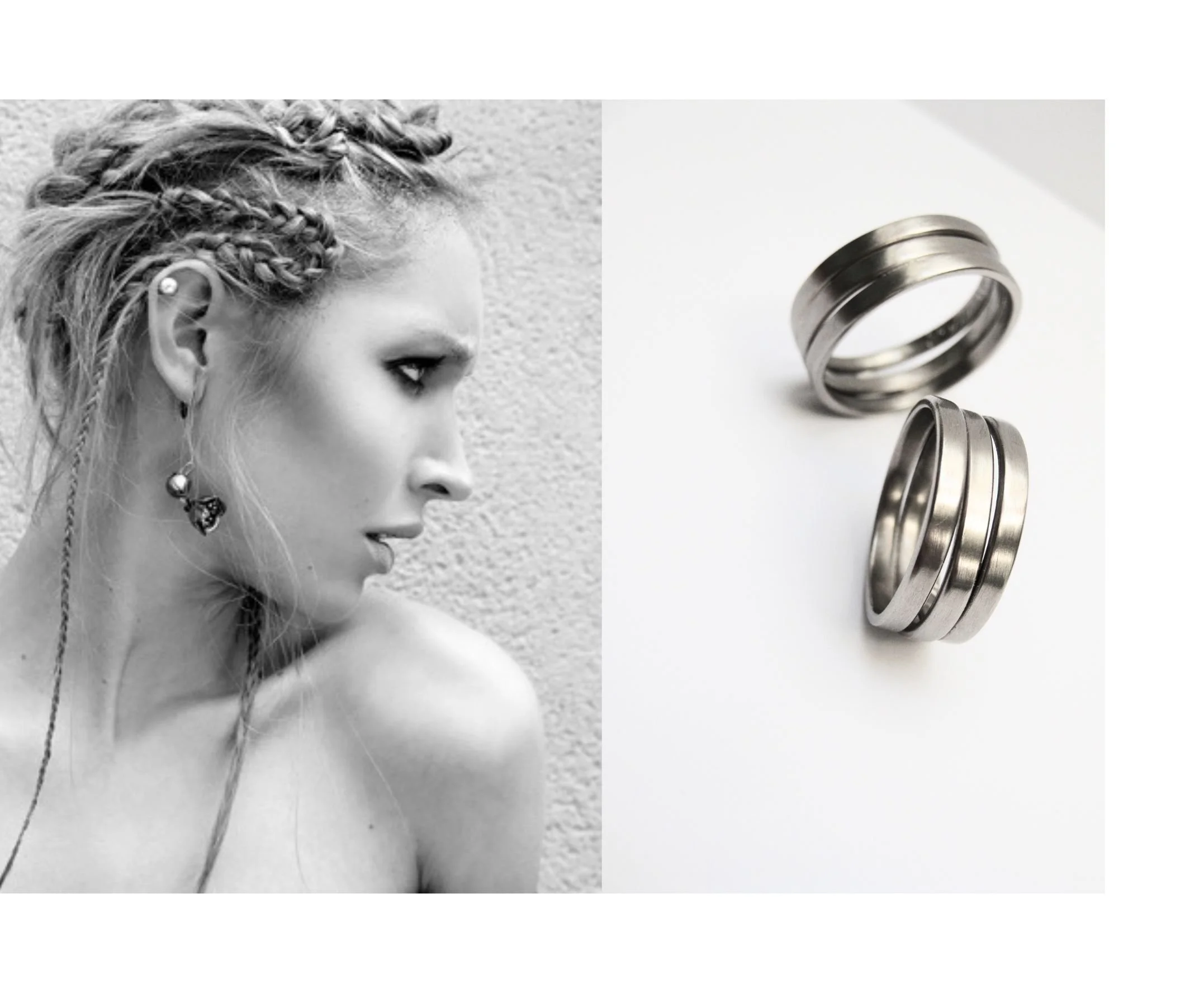 Oorbellen in goud, zilver en parels. Trouwringen in wit goud, Elke Peeters Jewellery Design.