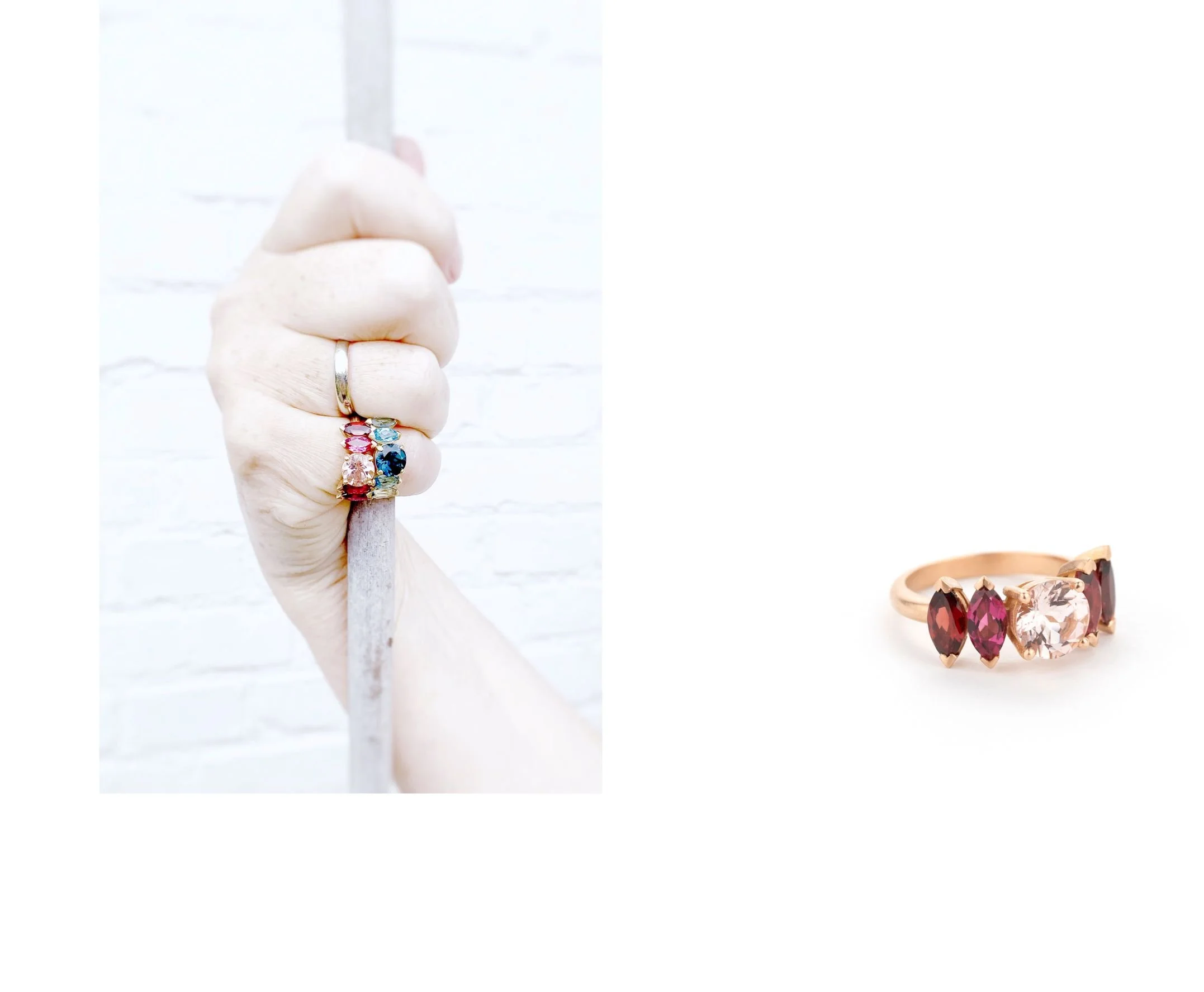 Ringen in geel en rosé goud met geselecteerde edelstenen, Elke Peeters Jewellery Design. 