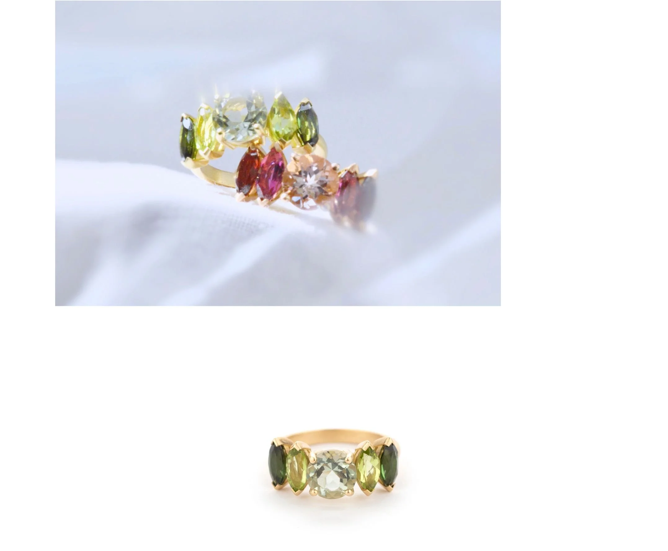 Ringen in goud met prachtige edelstenen in groen en schakeringen van rood, Elke Peeters juwelen.