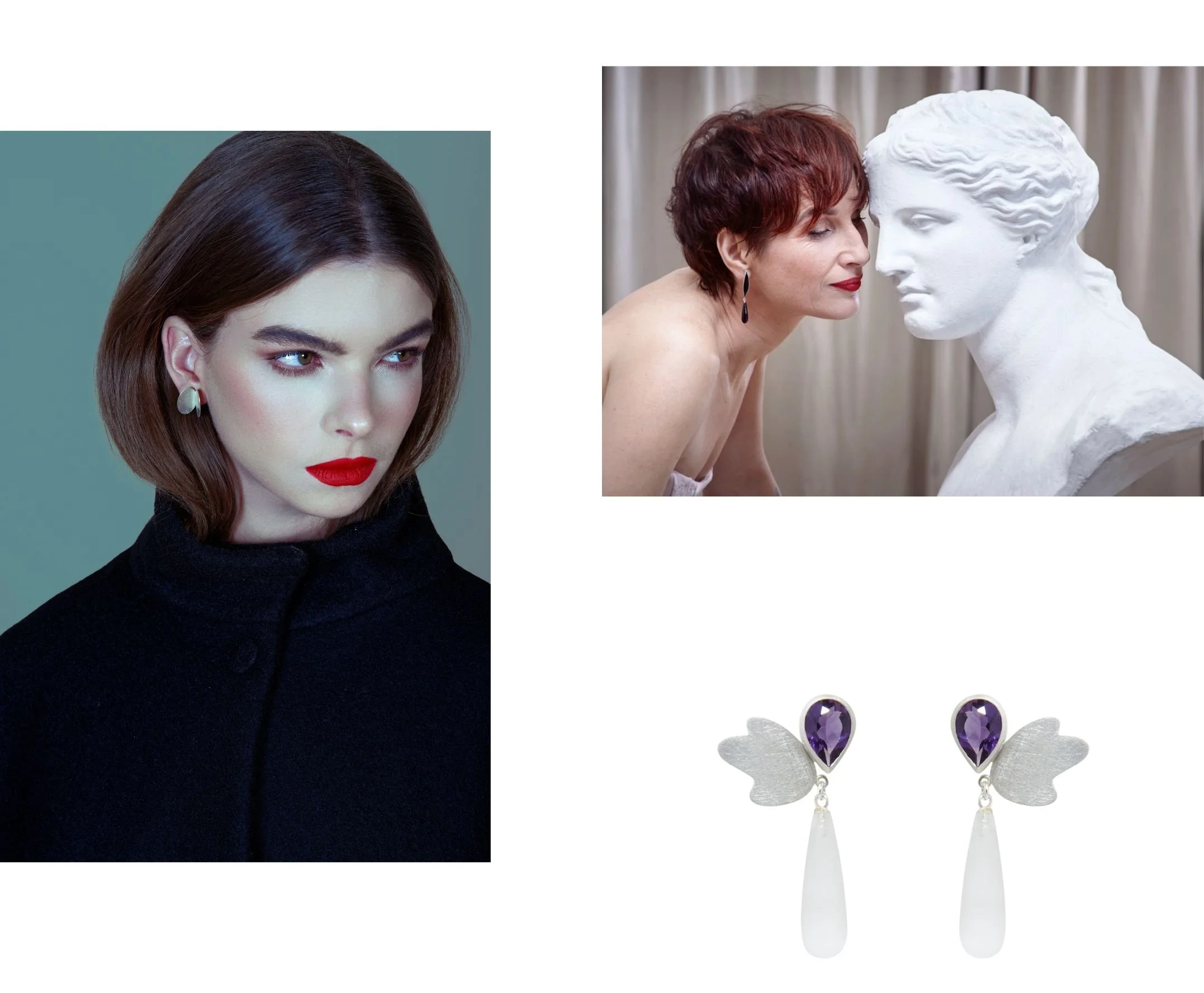 Oorbellen in zilver, amethist en bergkristal. Elke Peeters, juweelontwerpster sinds 1995.