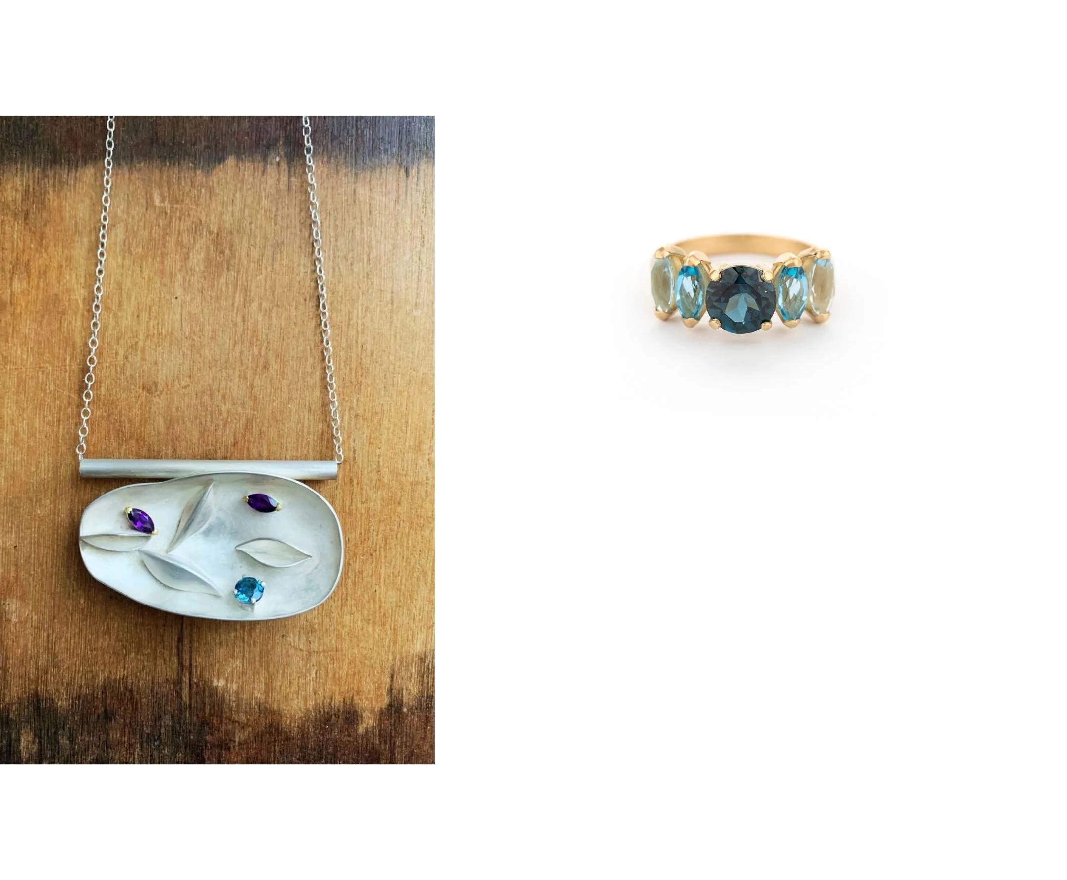 Halsjuweel in gesmeed zilver, afgewerkt met geel goud, amethist en topaas. Ring in goud met edelestenen in blauw, Elke Peeters Juwelen. 