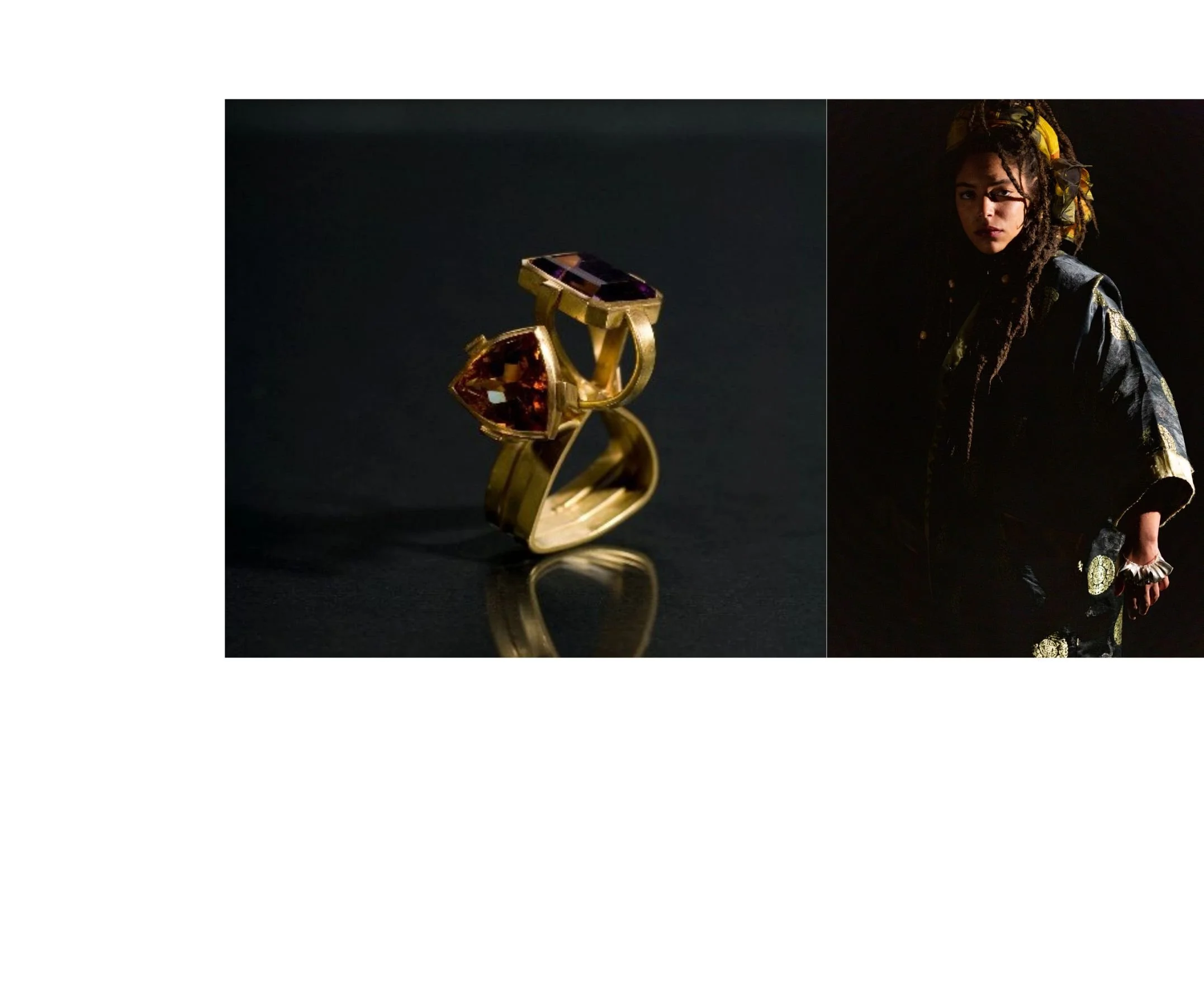 Ring goud met amethist en citrine, armand in gesmeed zilver, Elke Peeters Juweelontwerpster sinds 1995.