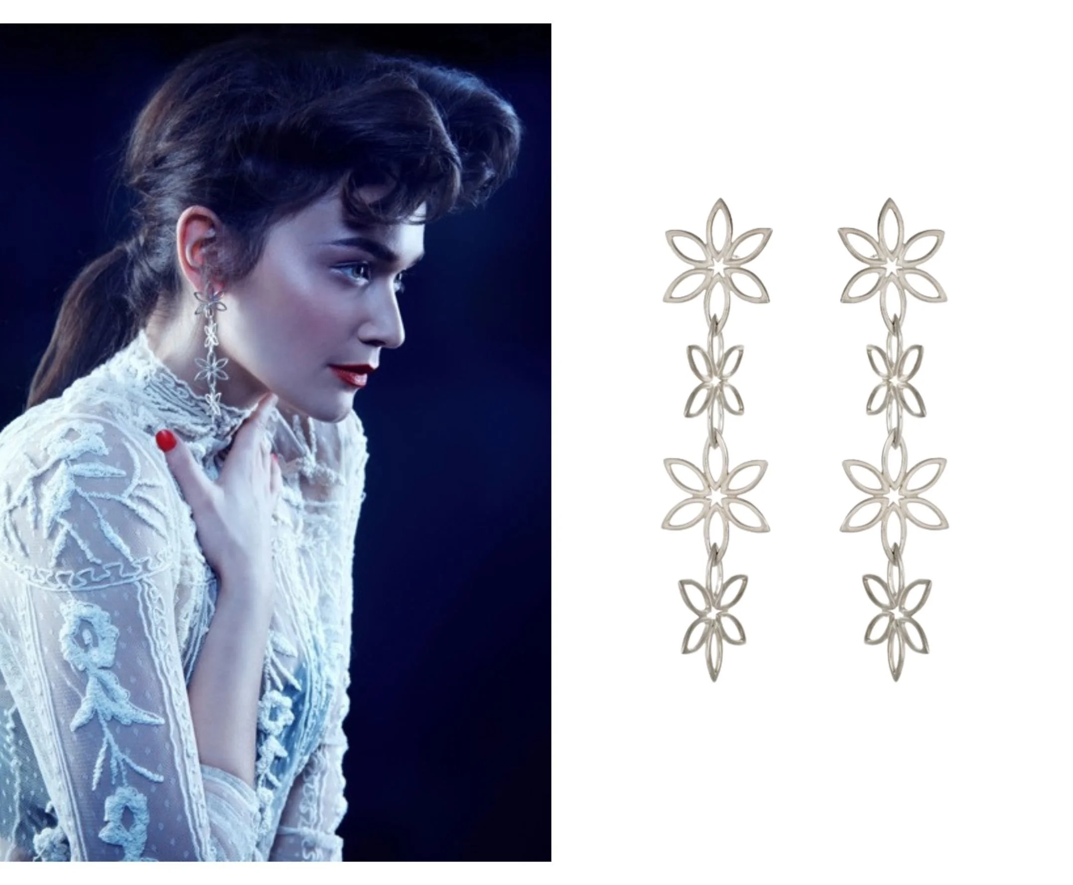 Lange oorbellen in zilver uit de juwelencollecties van ontwerpster Elke Peeters, Antwerpen. 