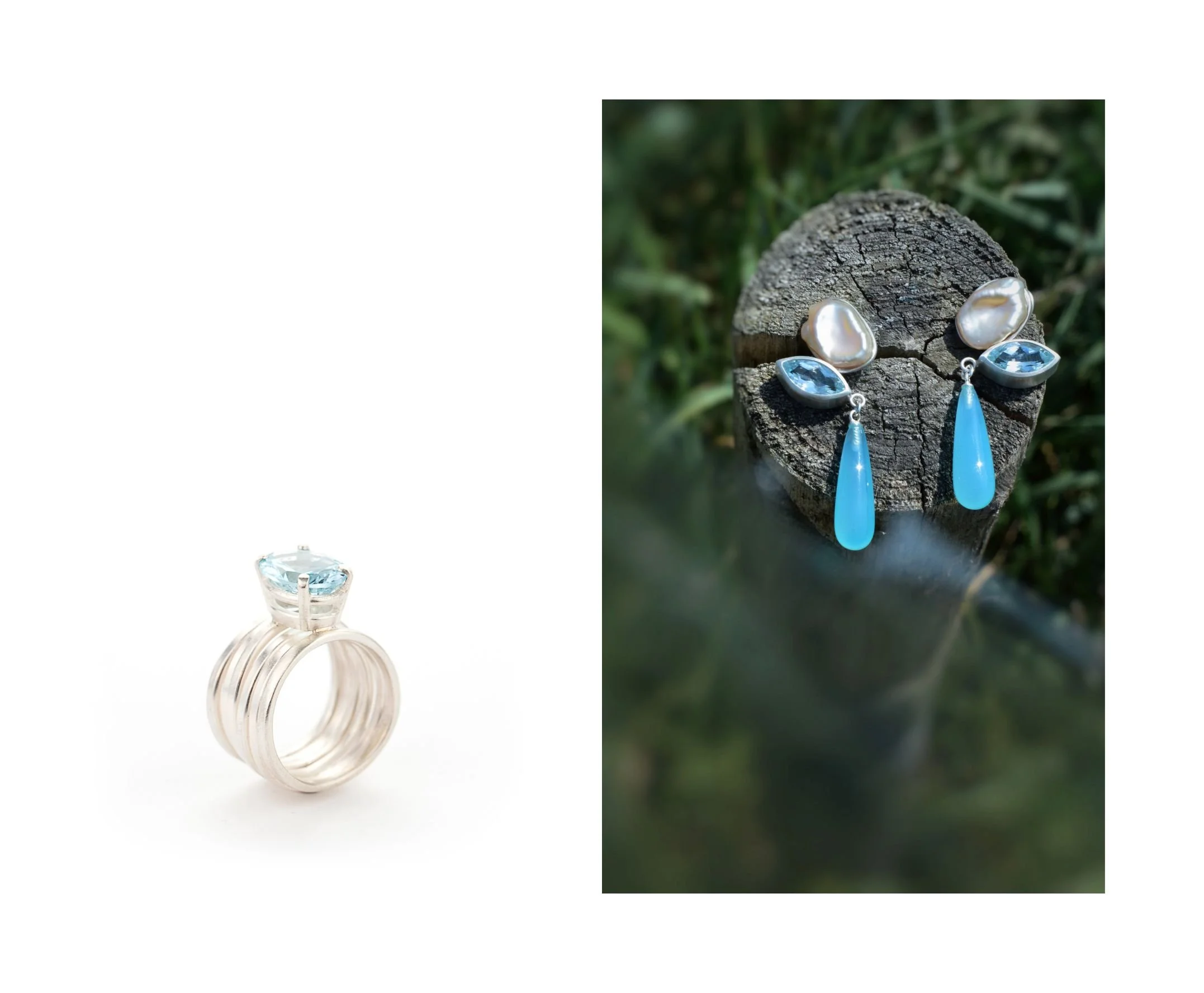 Ring in zilver en topaas, oorbellen met aquamarijn en keshi parels uit het atelier van Elke Peeters.