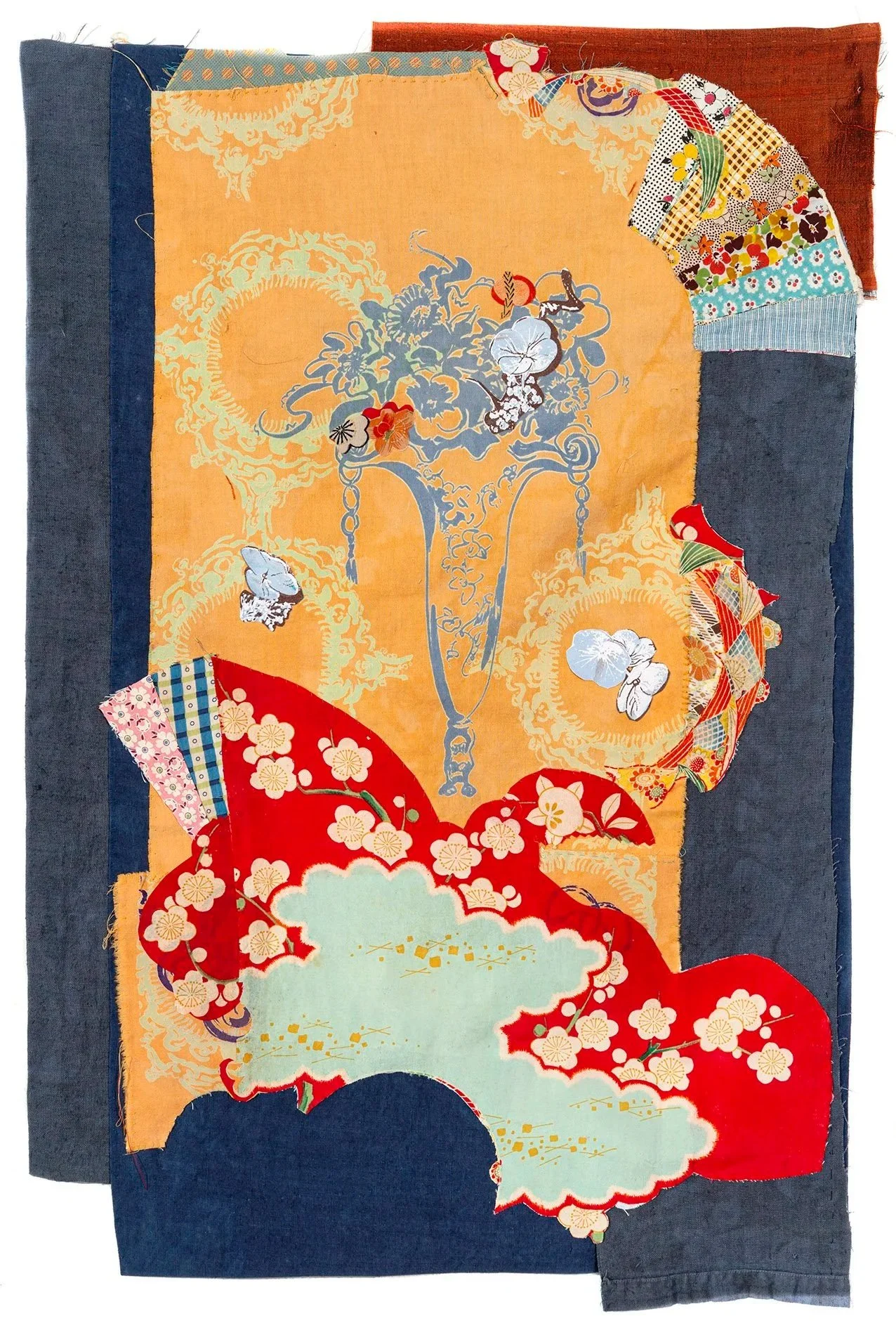 FunHouse 19.5x30" Silkscreen, stitching, collage of antique kimono fabrics