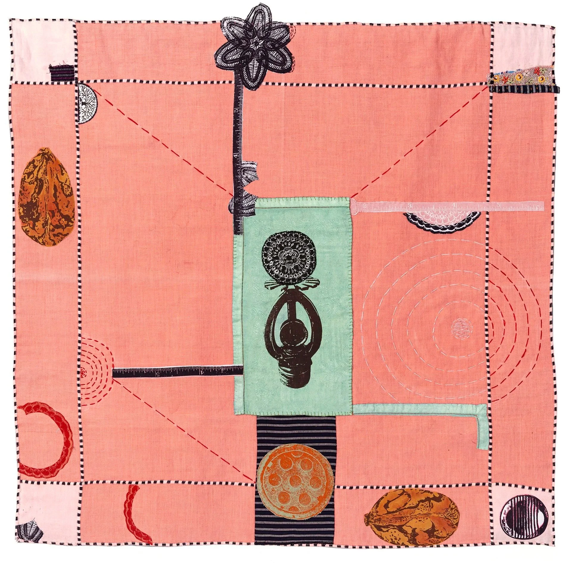 Field of Play 33x34" Silkscreen and collage with stitching on antique table linen