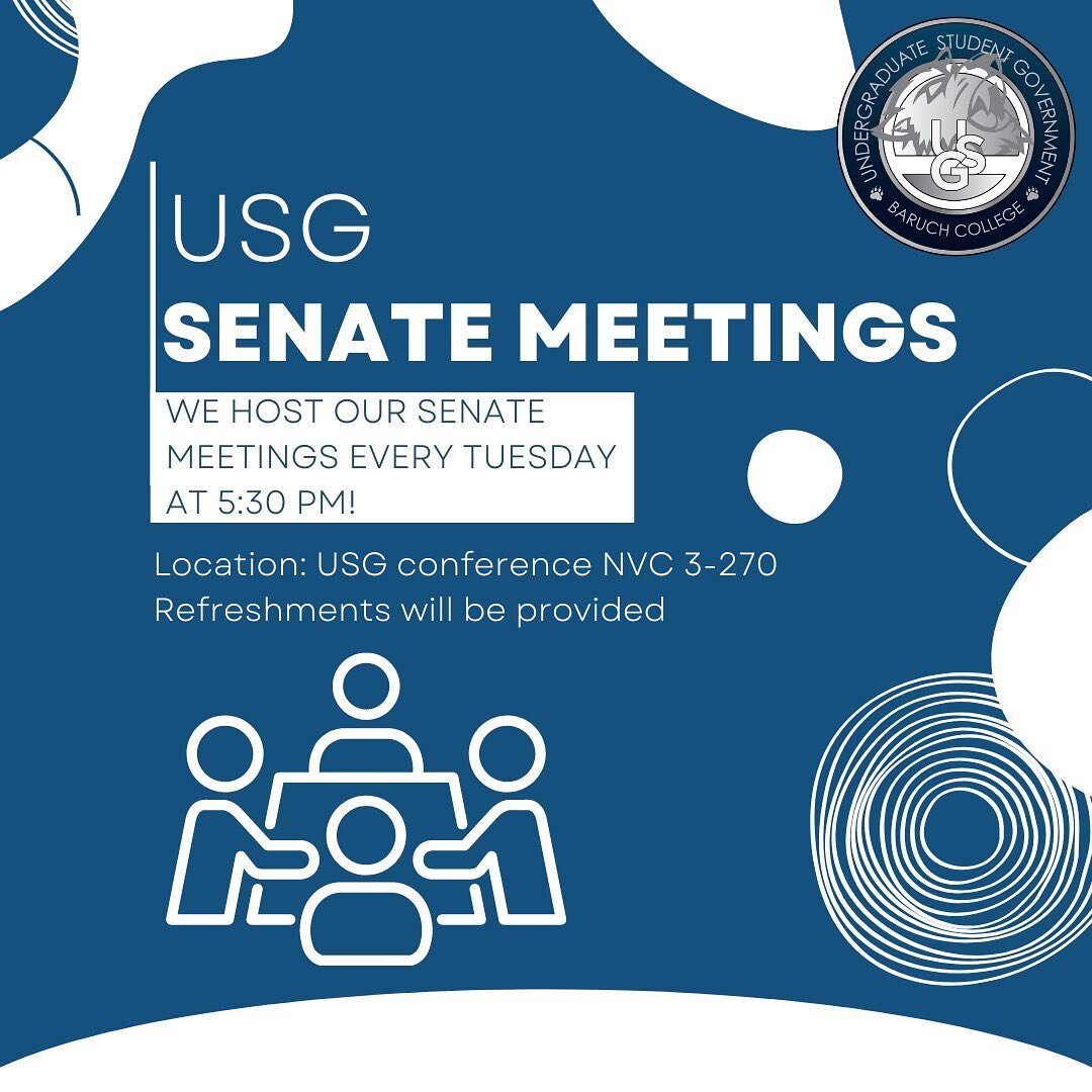 Come join us THIS TUESDAY for our first Senate Meeting of the year! We will be hosting these weekly at 5:30 every Tuesday so please feel free to stop by ❤️ Your USG wants to hear from you! 📣