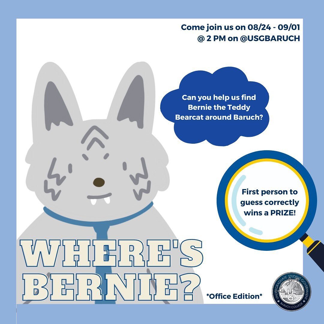 T-MINUS ONE HOUR BEFORE WHERE&rsquo;S BERNIE *OFFICE EDITION* STARTS ⏰ 
Where&rsquo;s Bernie is USG&rsquo;s social media game to find Bernie The Teddy Bear(cat)! 🐻 🐱 

This time he is hiding in some of our iconic Baruch Offices! Feel free to use co