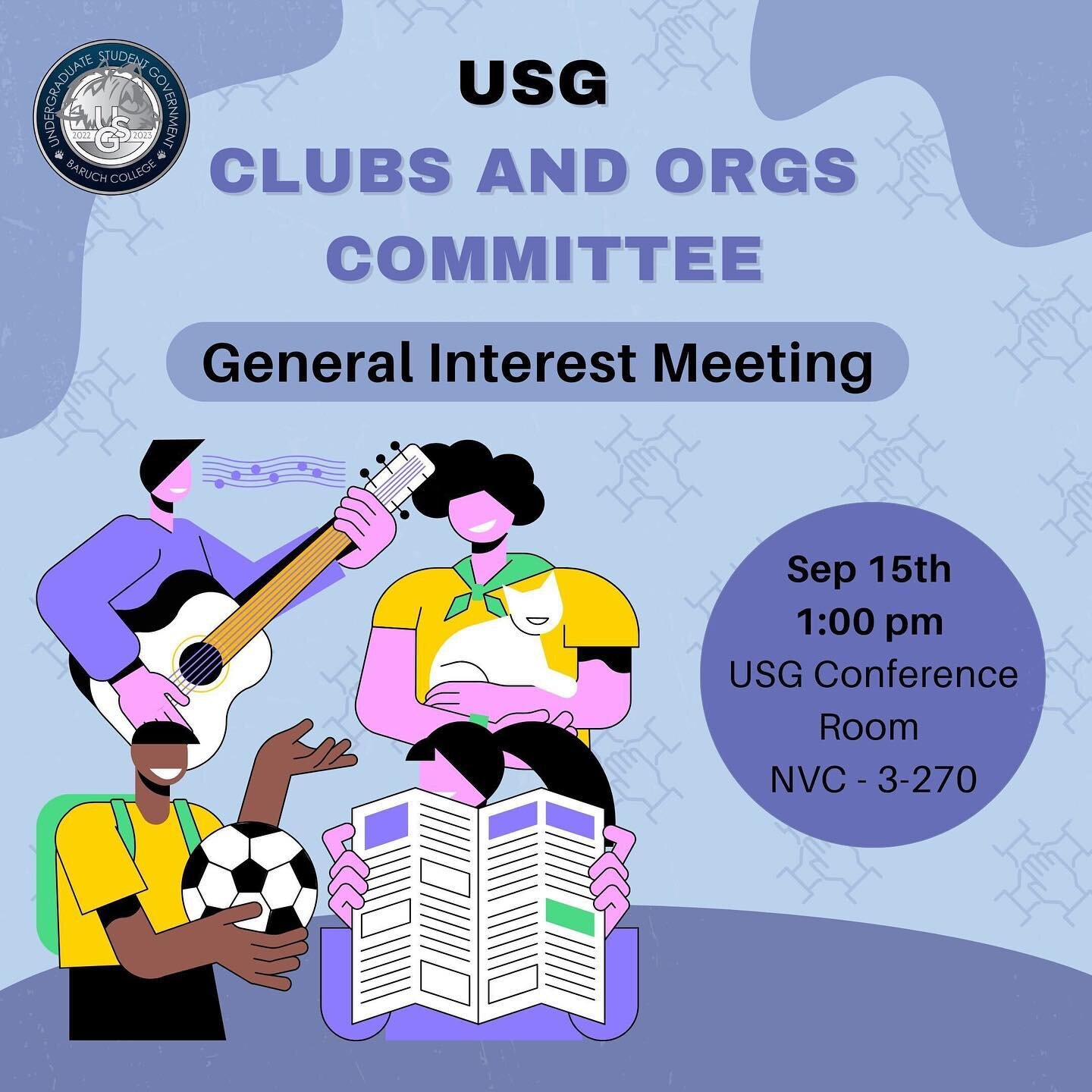 AYYY FIRST GIM OF THE YEAR 📣 Interested in helping out your fellow student leaders and collaborating with them? Check out our Clubs &amp; Orgs GIM next Thursday! 🤝 Any questions please contact jessica.yauri@usg-baruch.com