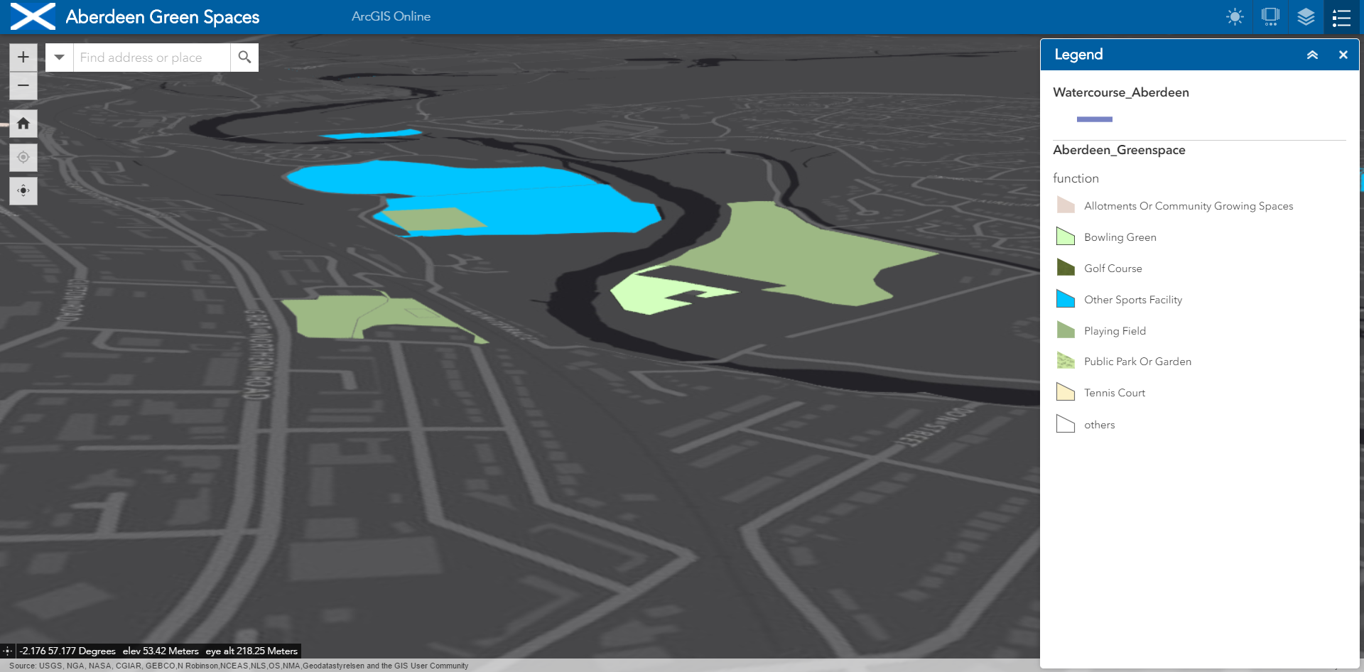 An example of the legend in a 3D app showing green spaces in Aberdeen