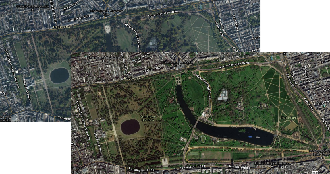 Front is image is showing the new colour saturation in the updated imagery, the image behind shows the previous aerial imagery