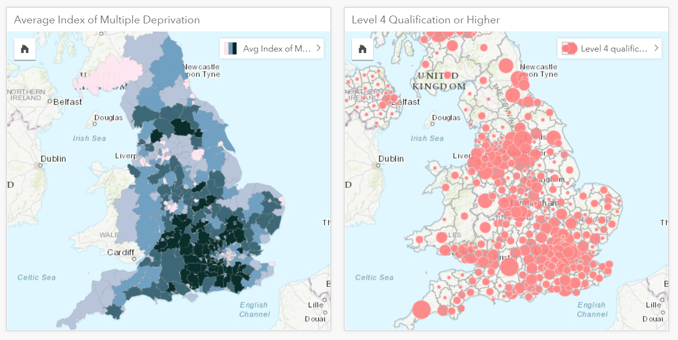 The left card shows the multiple deprivation score and the right card the level 4 qualification or higher values.