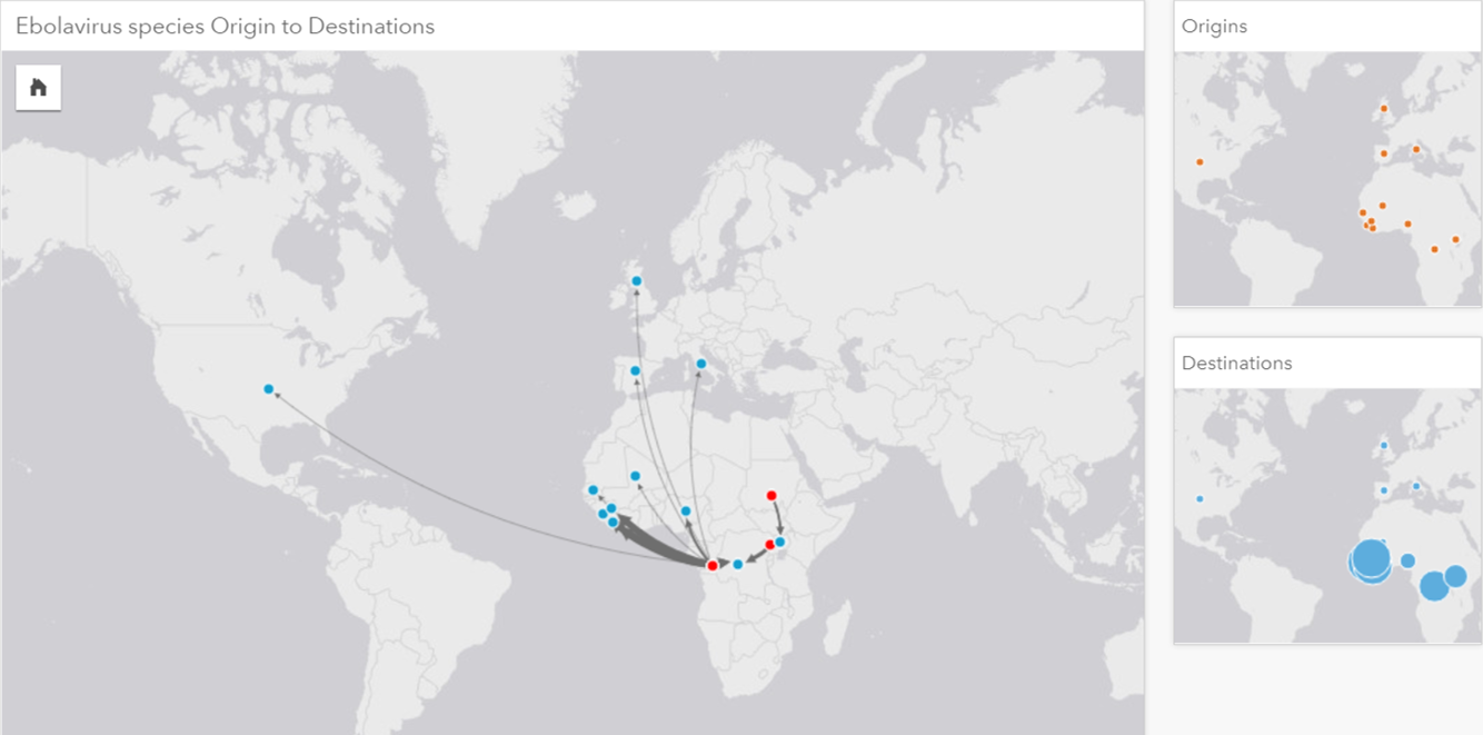 a link map showING the Geographic origins of The disease species (Red) and the outbreak locations (Blue).
