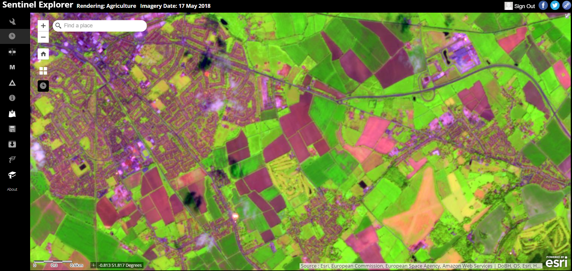 sentinel-2 explorer app. rendering agricultural imagery,