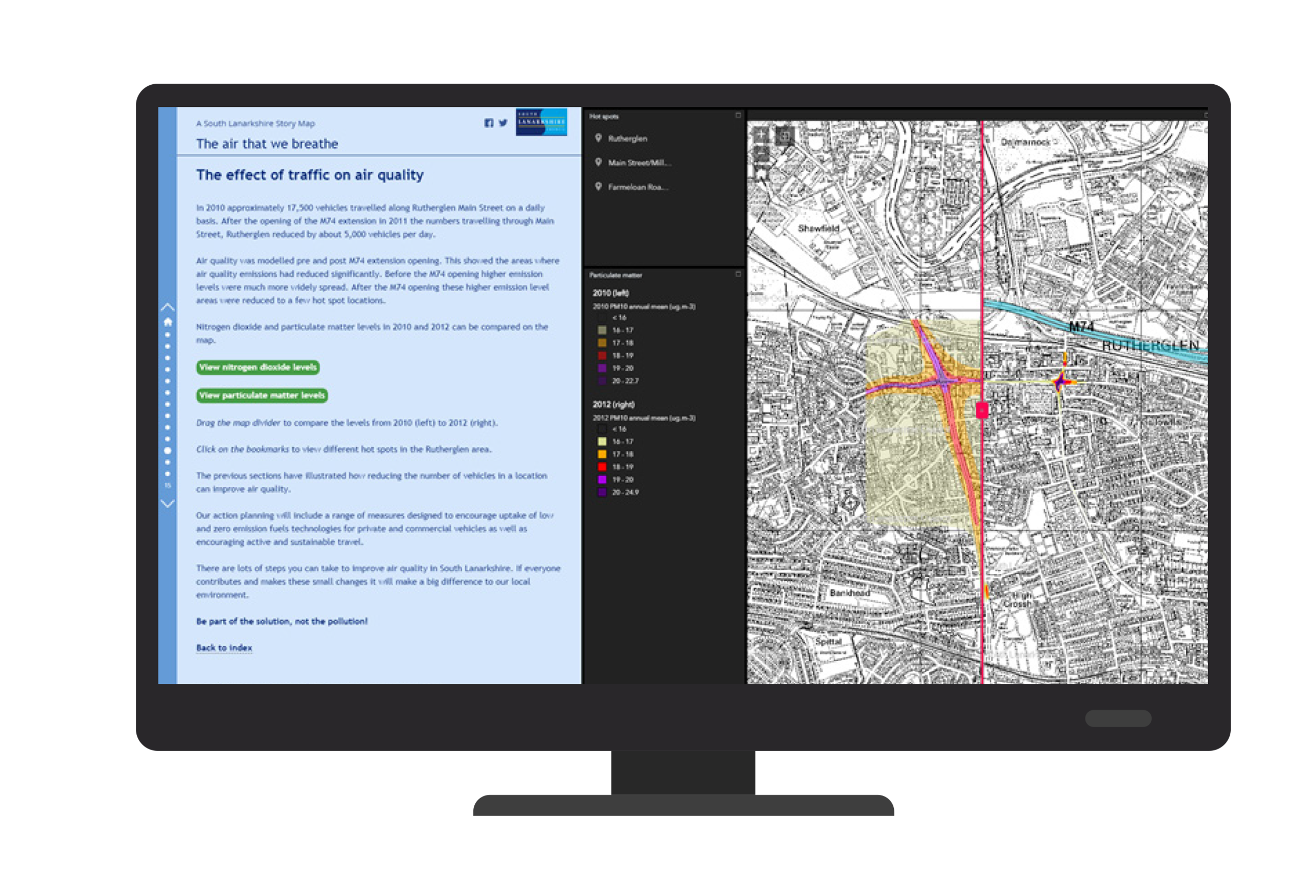 A page from the South Lanarkshire Story Map, showing how the building of a motorway has reduced air pollution in Rutherglen by diverting traffic from the town centre