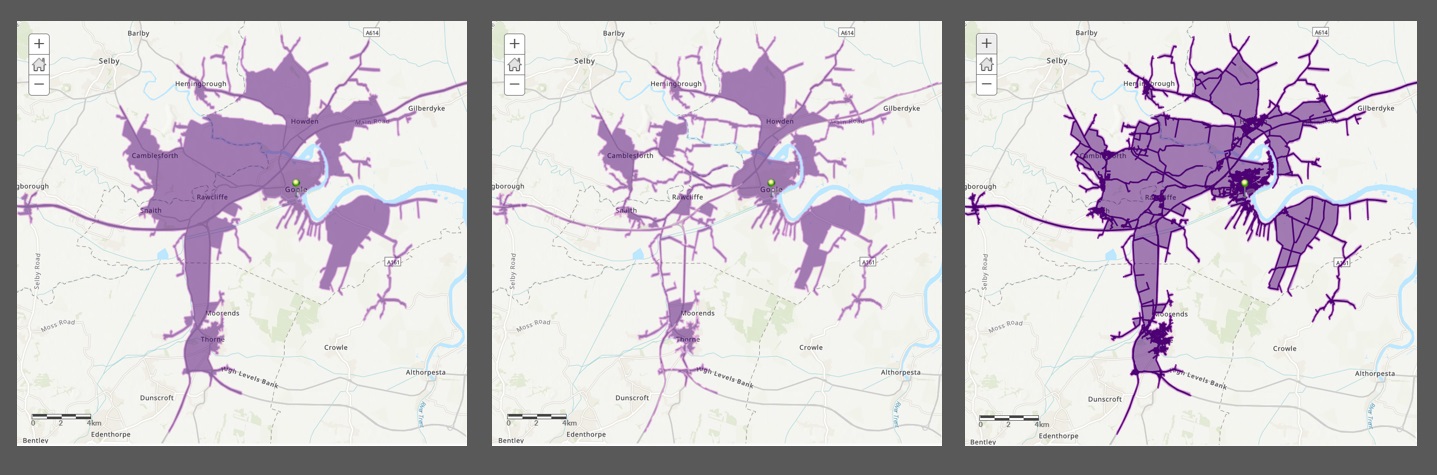 Drive time analysis results generates with the default option (left), the new exclude unreachable areas option (middle and the include streets option (right).