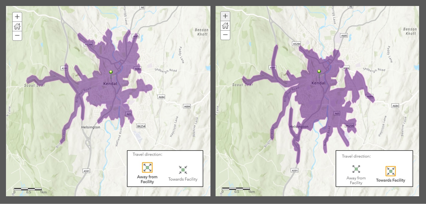 Drive time analysis using the travel direction option. Both results used the same location and drive time but the start location is a one way system.