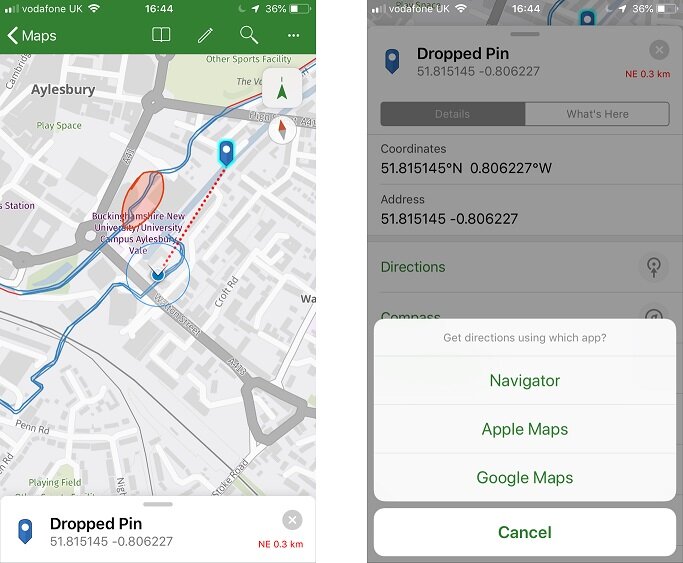 The left image shows finding a location with the compass tool- the distance and direction are shown by the red dotted line and text. The right-hand image shows the directions options.