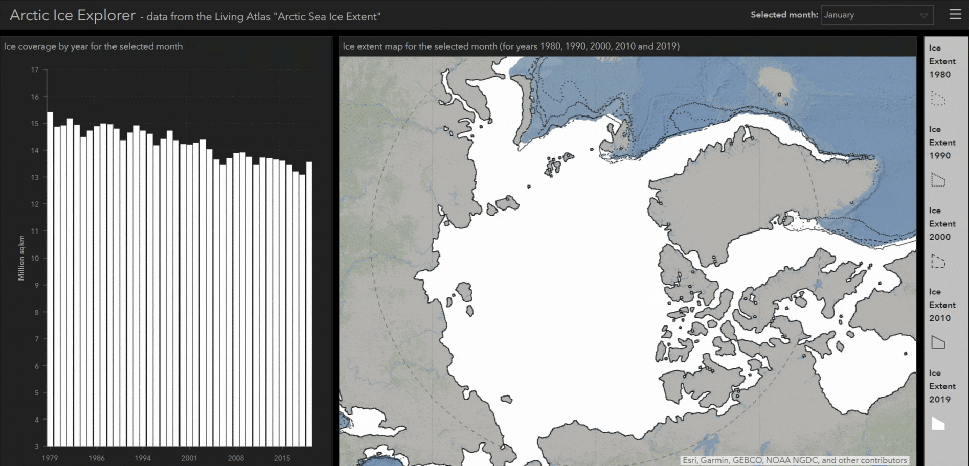 This dashboard was made using the arctic sea ice extent feature layer, available in the Living Atlas.